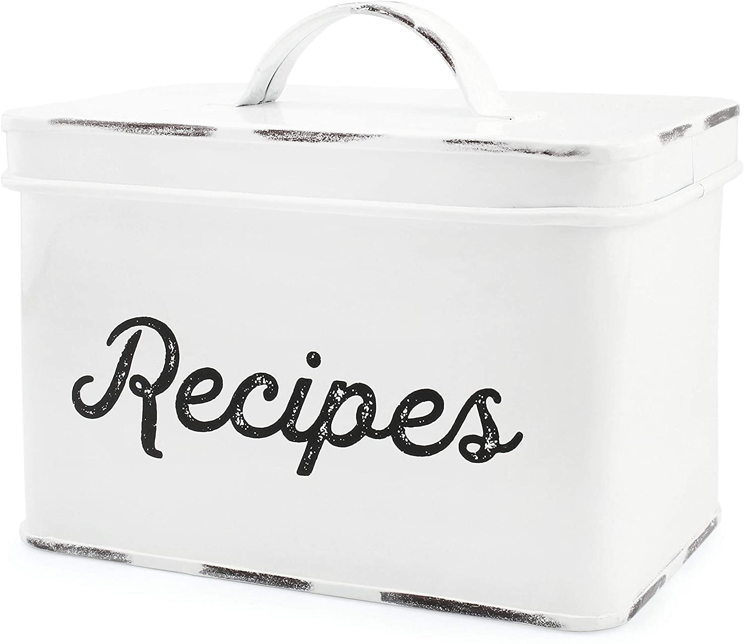 Auldhome Rustic White Recipe Box; Enamel Farmhouse Recipe Holder And Organizer For 4 X 6 Inch Recipe Cards