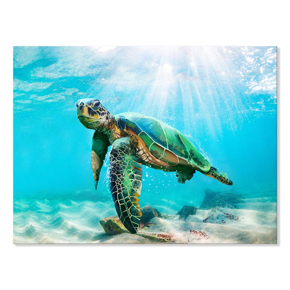 Japo Art Green Sea Turtle Wall Art Submarine Picture Blue Ocean Animal Painting Coastal Wall Decor Framed Ready To Hang For Bath