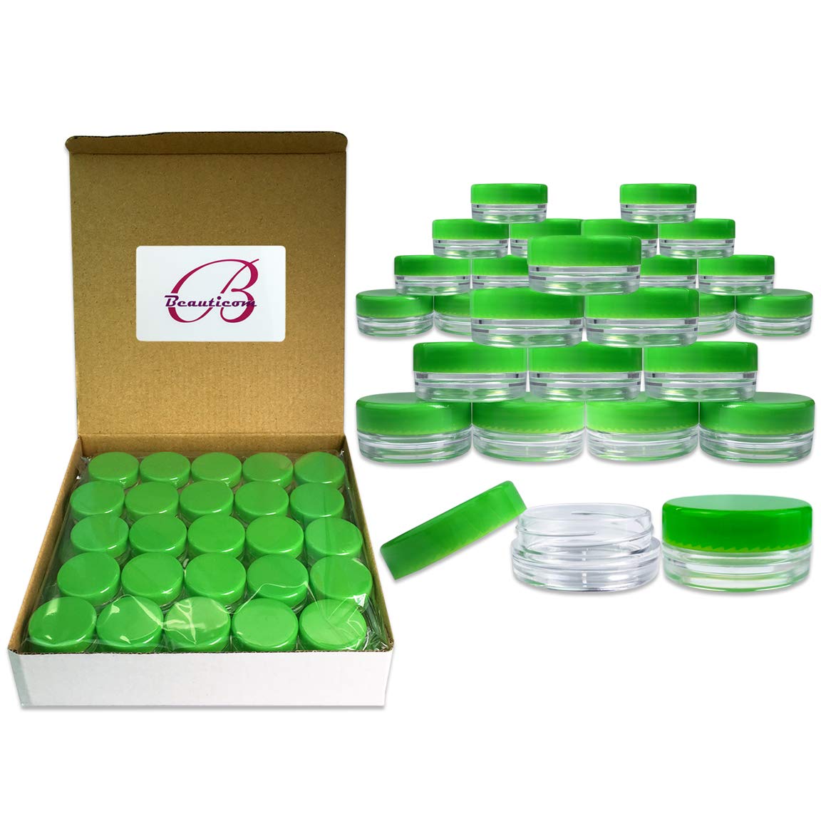 (100 Pieces Jars + Lid) Beauticom 3G/3Ml Round Clear Jars With Green Screw Cap Lids For Scrubs, Oils, Toner, Salves, Creams, Lot