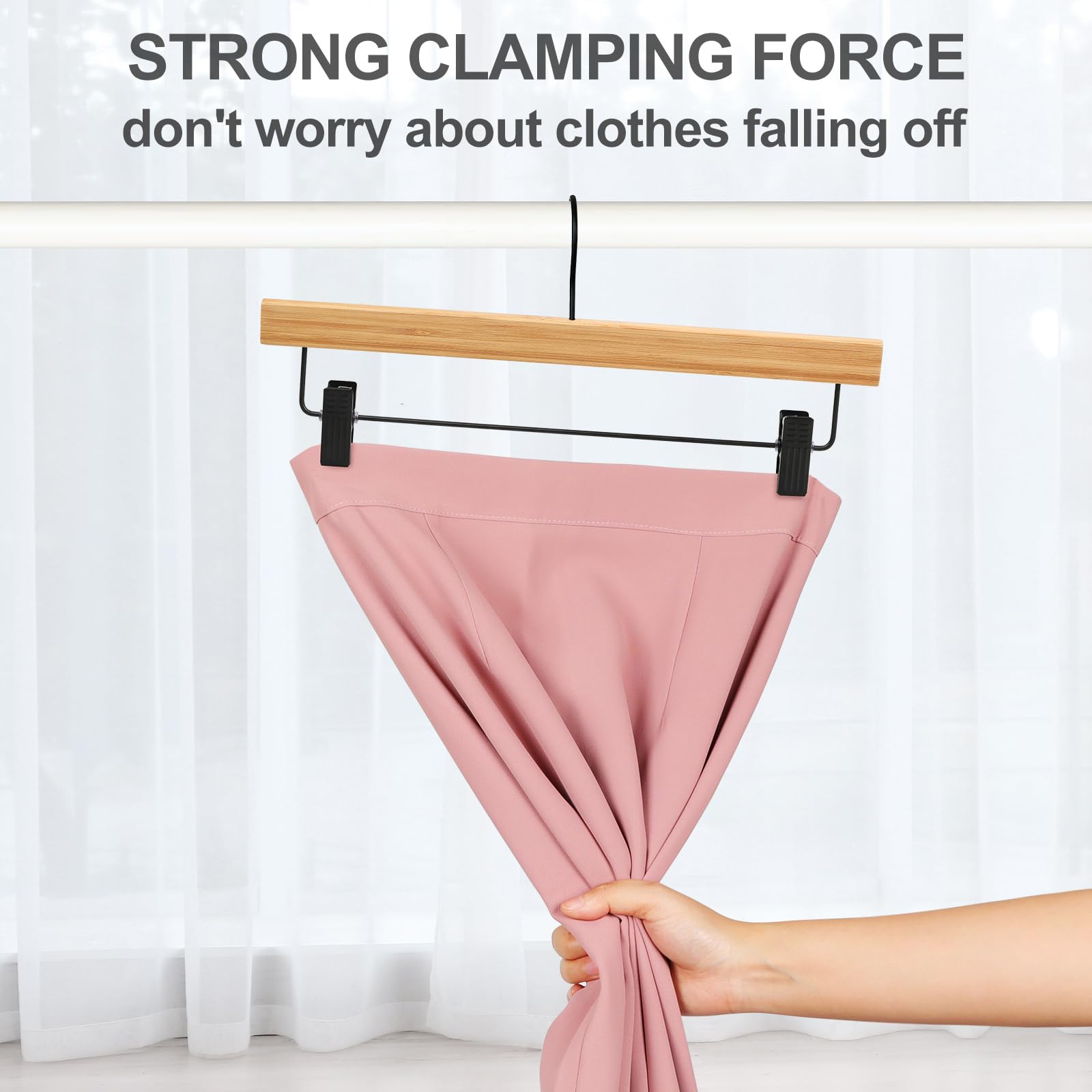 Topia Hanger Pants Hangers 20 Pack, Bamboo Clothes Hangers With Black Clips And Rotatable Hook, Durable Natural Wooden Hangers F