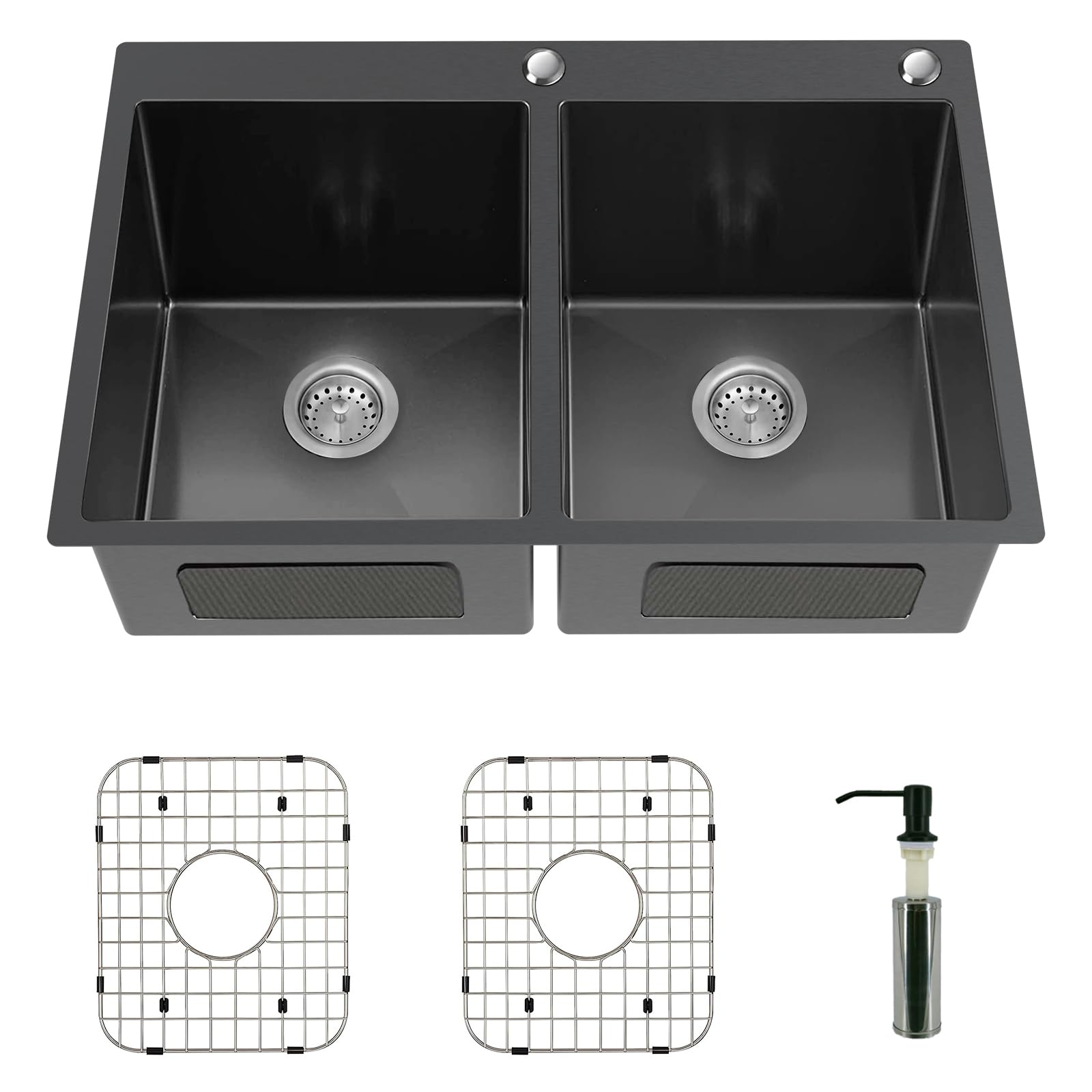 Black Double Bowl Sink - 50/50, 33x22x9-Inch Topmount - Stainless Steel - Drop In - Includes Sink Grid, Soap Dispenser, Drain St