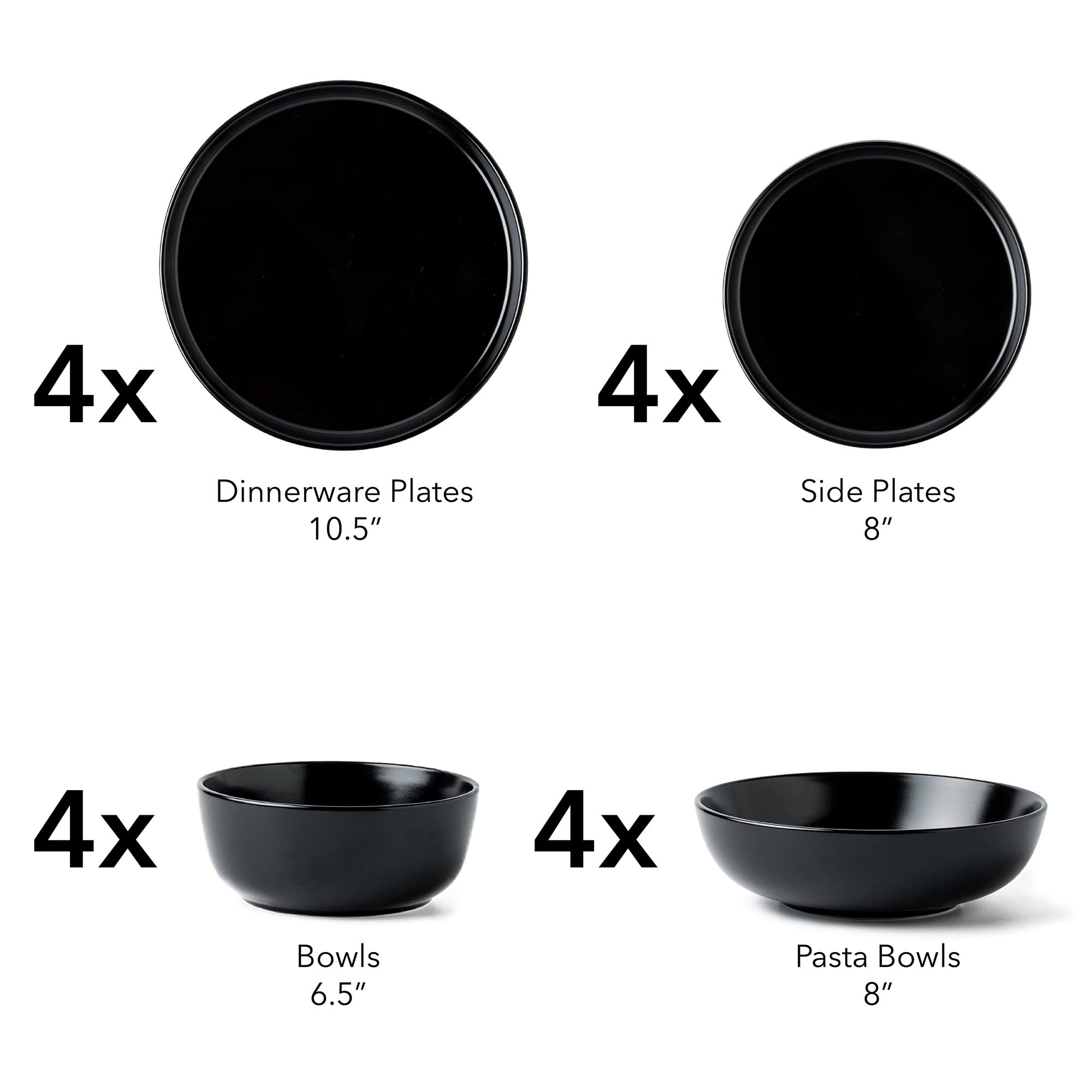 ARORA SKUGGA Round Stoneware 16pc Double Bowl Dinnerware Set for 4, Dinner Plates, Side Plates, Cereal Bowls, Pasta Bowls - Matt