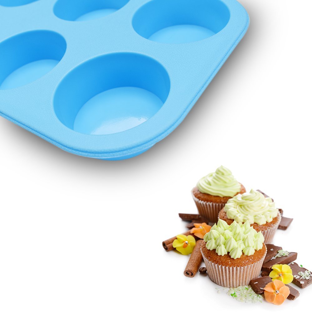 Homedge 6-Cup Silicone Muffin Pan, Pack Of 3 Non-Stick Muffin Cupcake Molds-Blue And Red