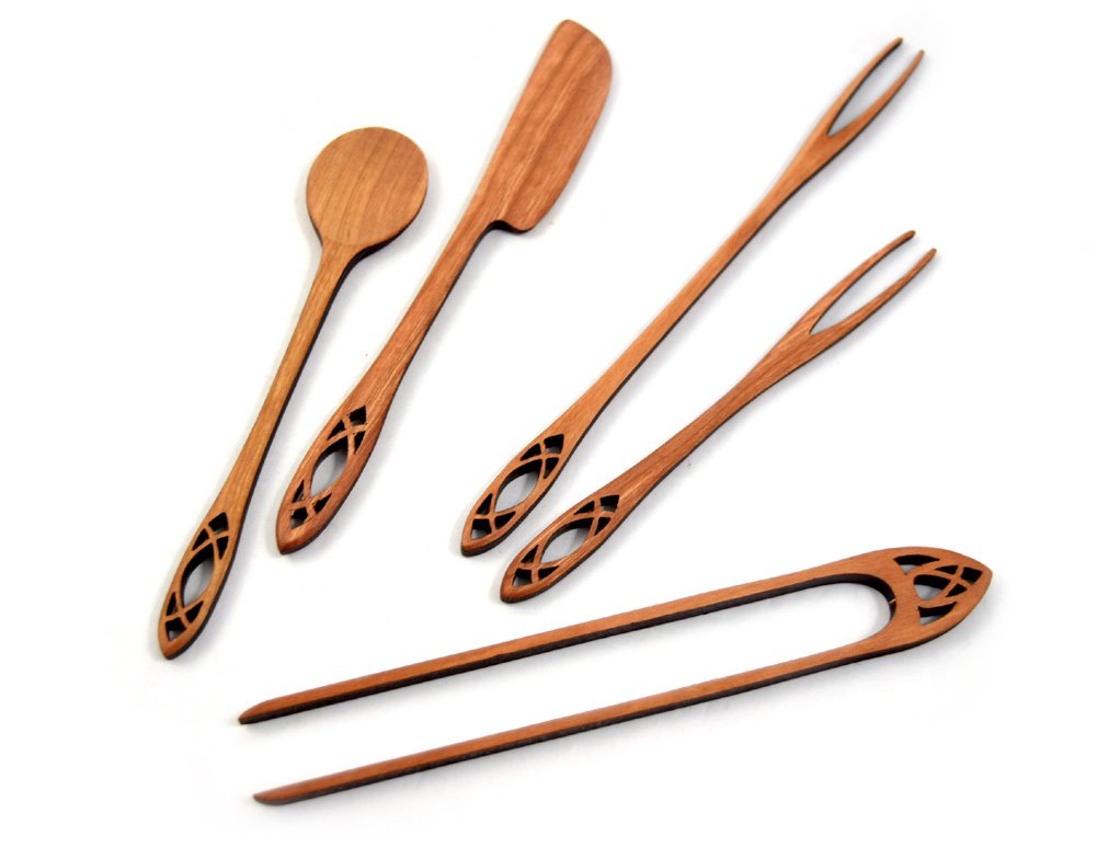 American Made 5-Piece Wild Cherry Wooden Appetizer Serving Set, Cathedral Collection: Olive Fork, Pickle Fork, Spoon, Tongs, Spr