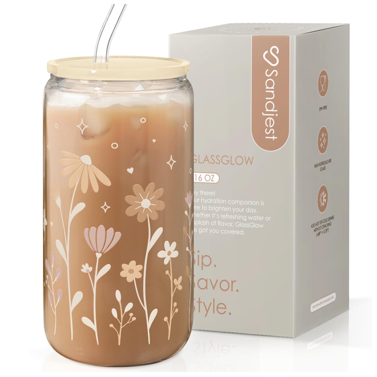 SANDJEST Flower Glass Can, Floral Cup with Lid & Straw, Iced Coffee Aesthetic Cups, Idea Gift for Christmas Birthday Mother Day,