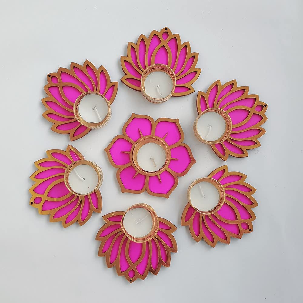 GIFT JAIPUR Handmade 7 Pc Pink Lotus Flower Diya Rangoli Candles with Wax for Diwali Ganesh Chaturthi Laxmi Pooja Home Temple Ra