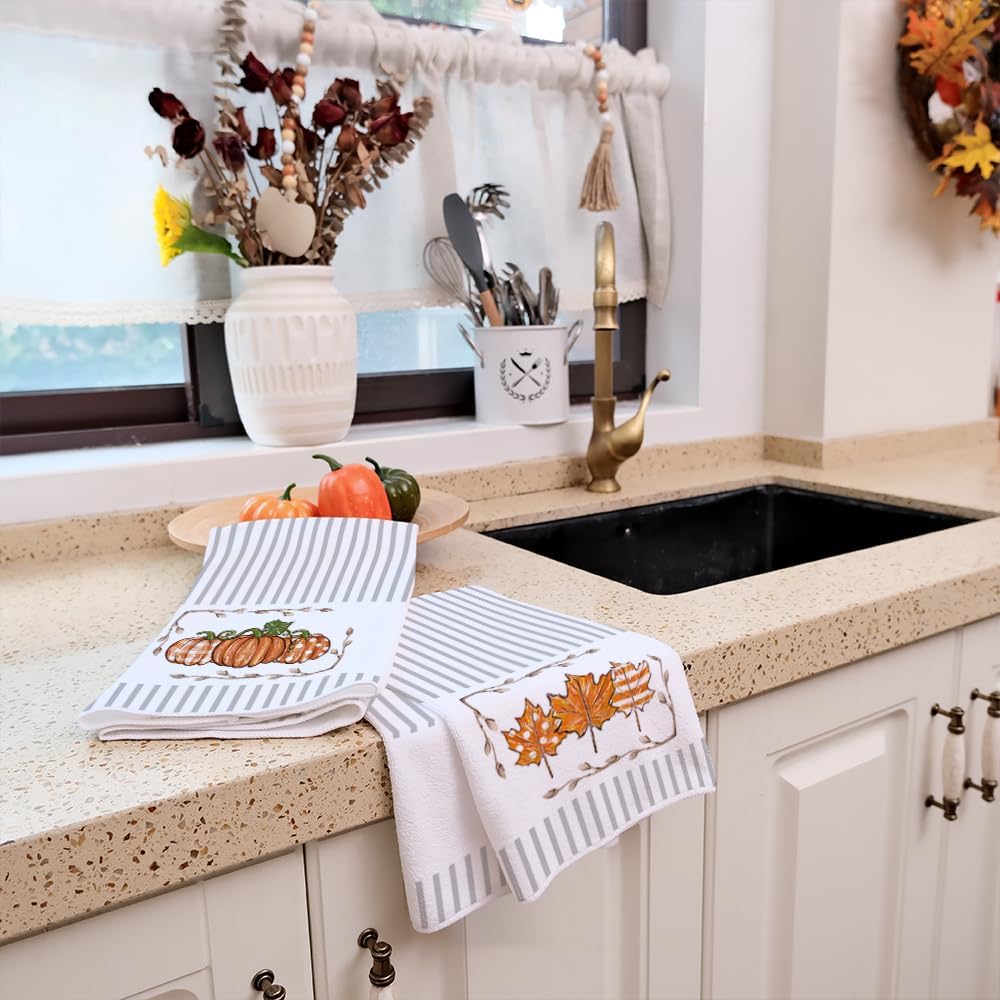 Arkeny Fall Kitchen Towels Set Of 2,Orange Pumpkin Maple Autumn Dish Towels 18X26 Inch Drying Dishcloth,Farmhouse Home Decoratio