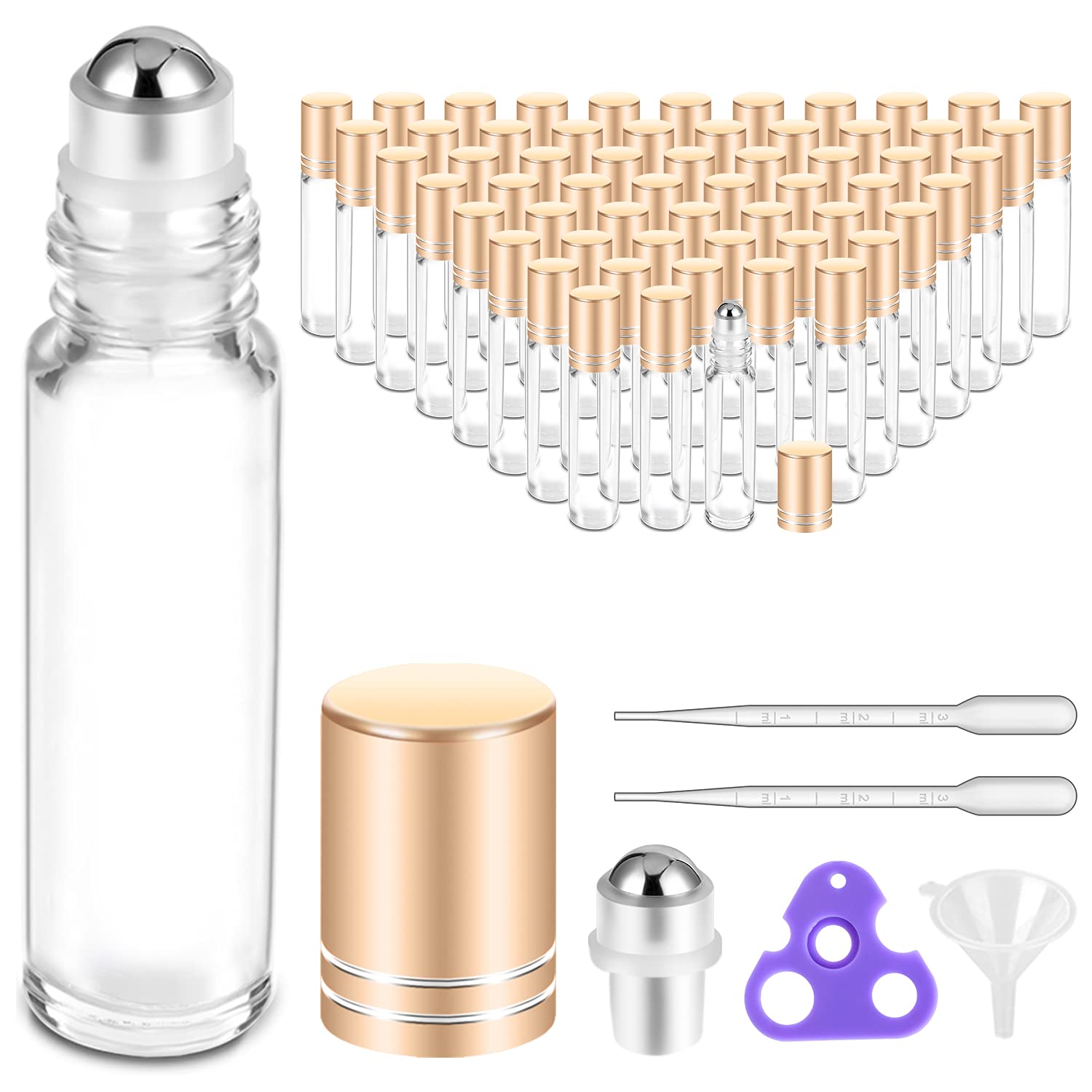 Prettycare Essential Oil Roller Bottles 10 Ml (Clear Glass, 60 Pack, 10 Extra Roller Balls,72 Labels, 4 Opener, 4 Funnels,4 Pipe