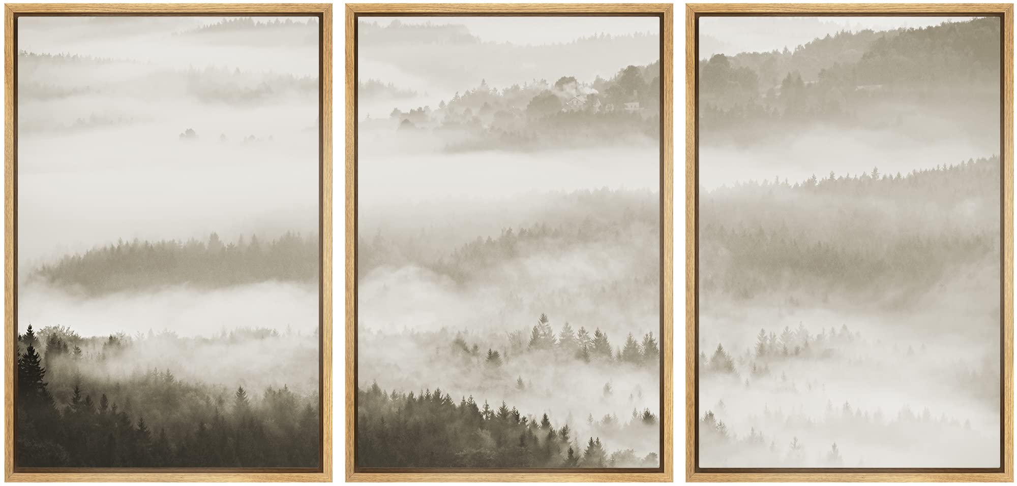 Signwin Framed Canvas Print Wall Art Woodland Nursery Decor Set Aerial View Black White Misty Mountain Nature Modern Art Rustic