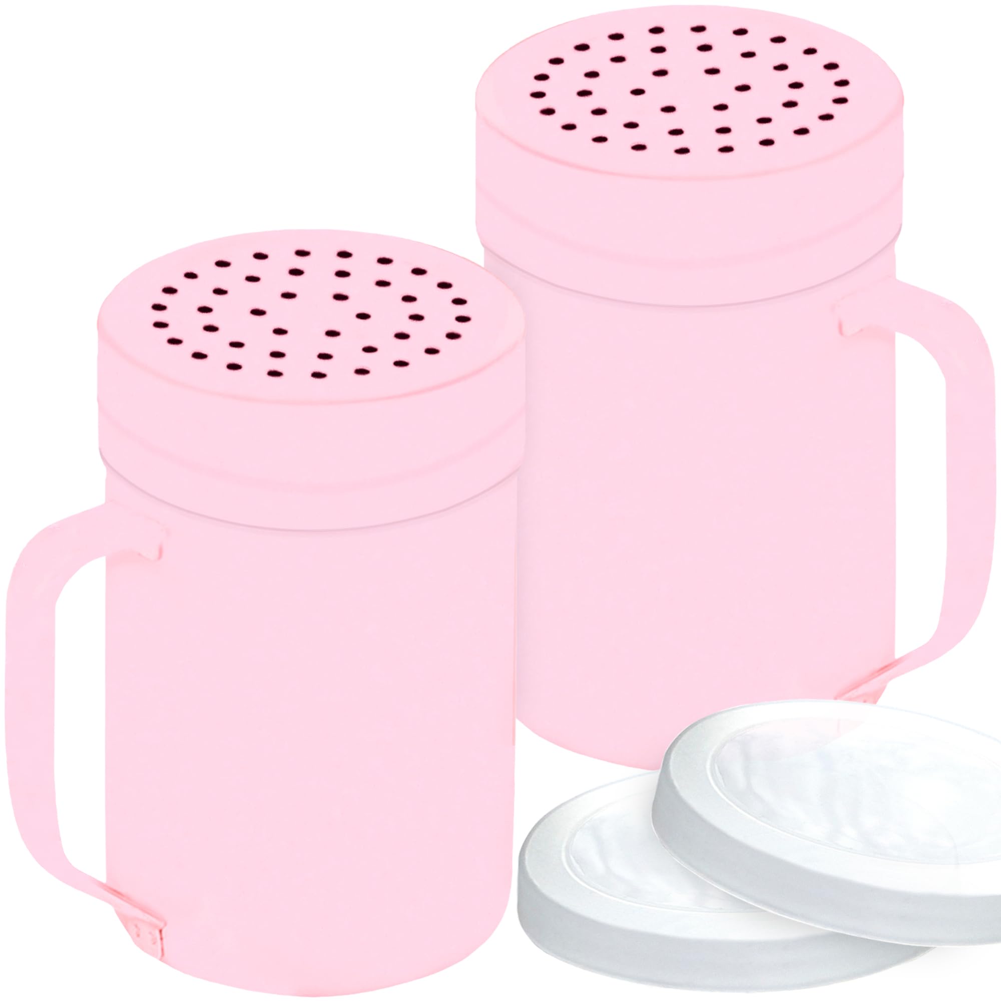 CUSINIUM 14oz Pink Stainless Steel Salt Pepper Dredge Shakers - With Plastic Cap - With Handle - Pack of 2