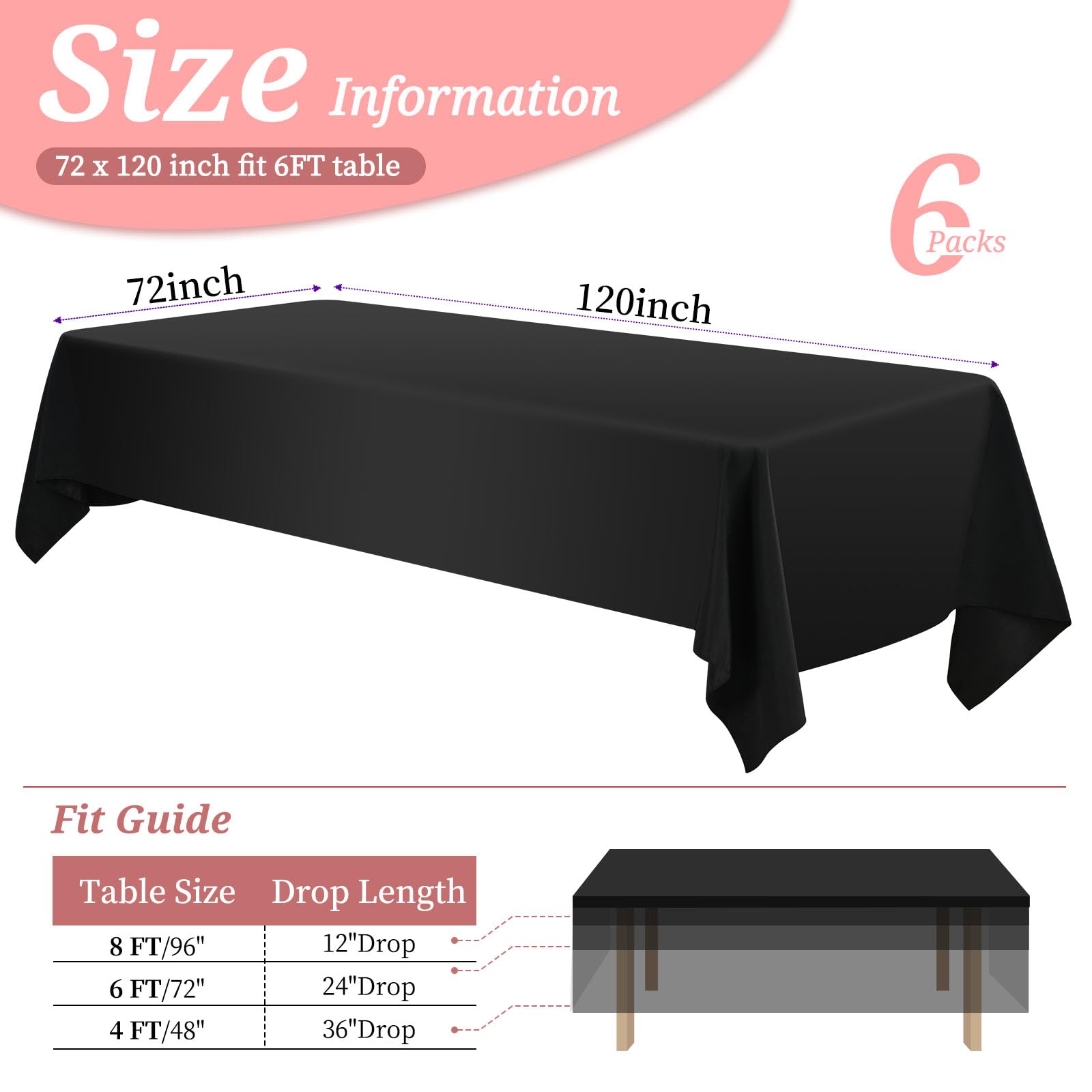 6 Pack Polyester Tablecloth For 6-8 Foot Rectangle Tables,72 X120 Inch Black Polyester Table Clothes Table Covers, Washable Blac