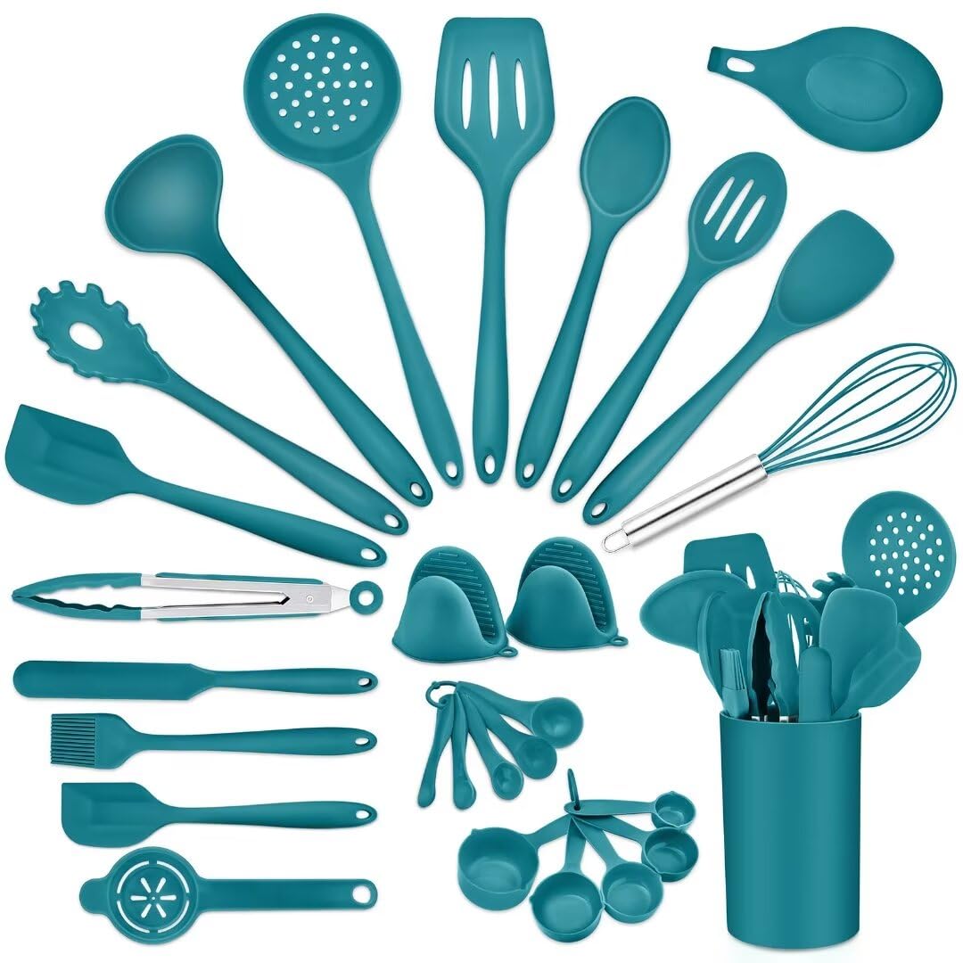 Kitchen Cooking Utensils Set, P&P Chef Blue Silicone Baking Utensils For Non-Stick Cookware, Turner, Ladle, Spoon, Spatula For S
