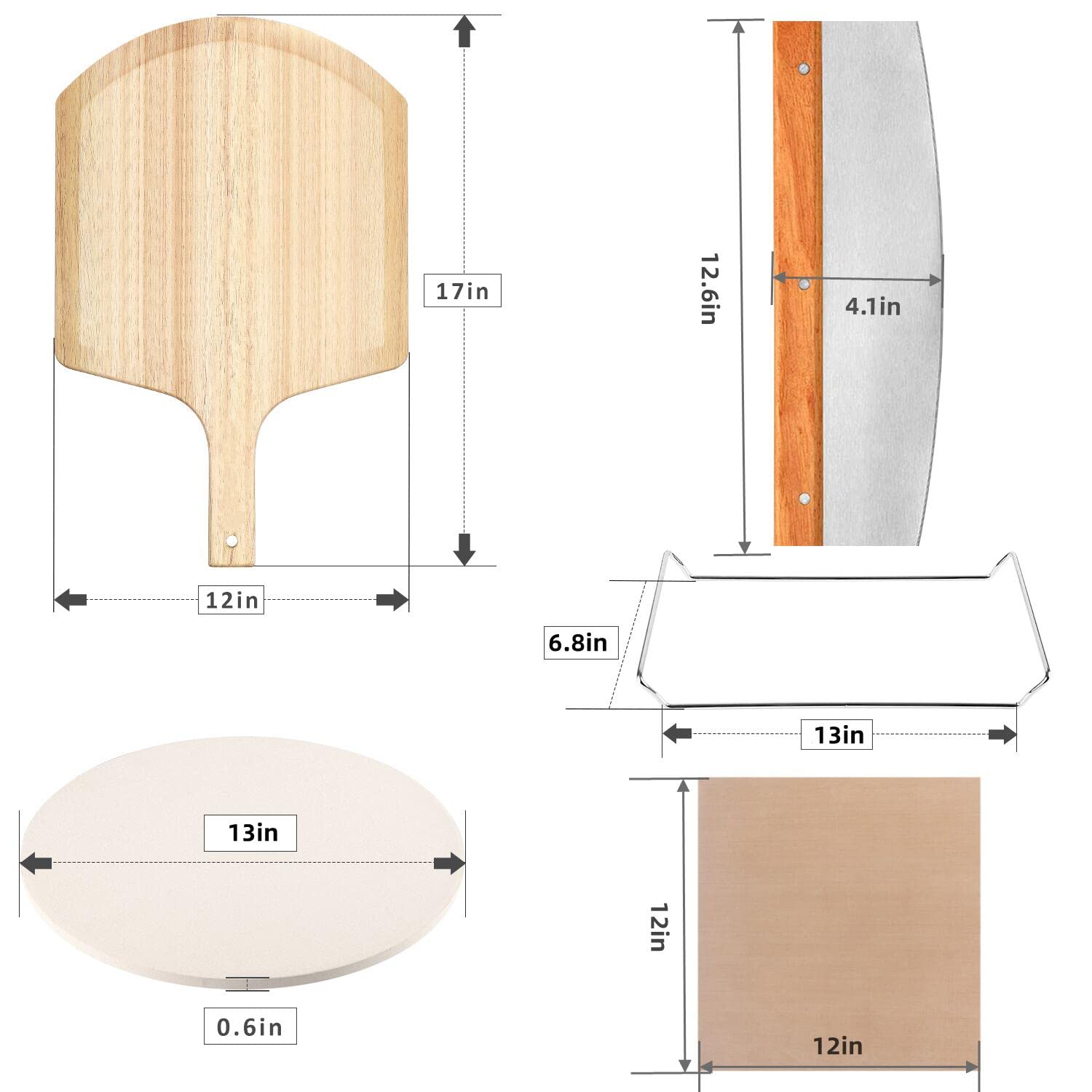5 Pcs Round Pizza Stone Set, 13'' Pizza Stone For Oven And Grill With Pizza Peel(Oak),Serving Rack, Pizza Cutter & 10Pcs Cooking