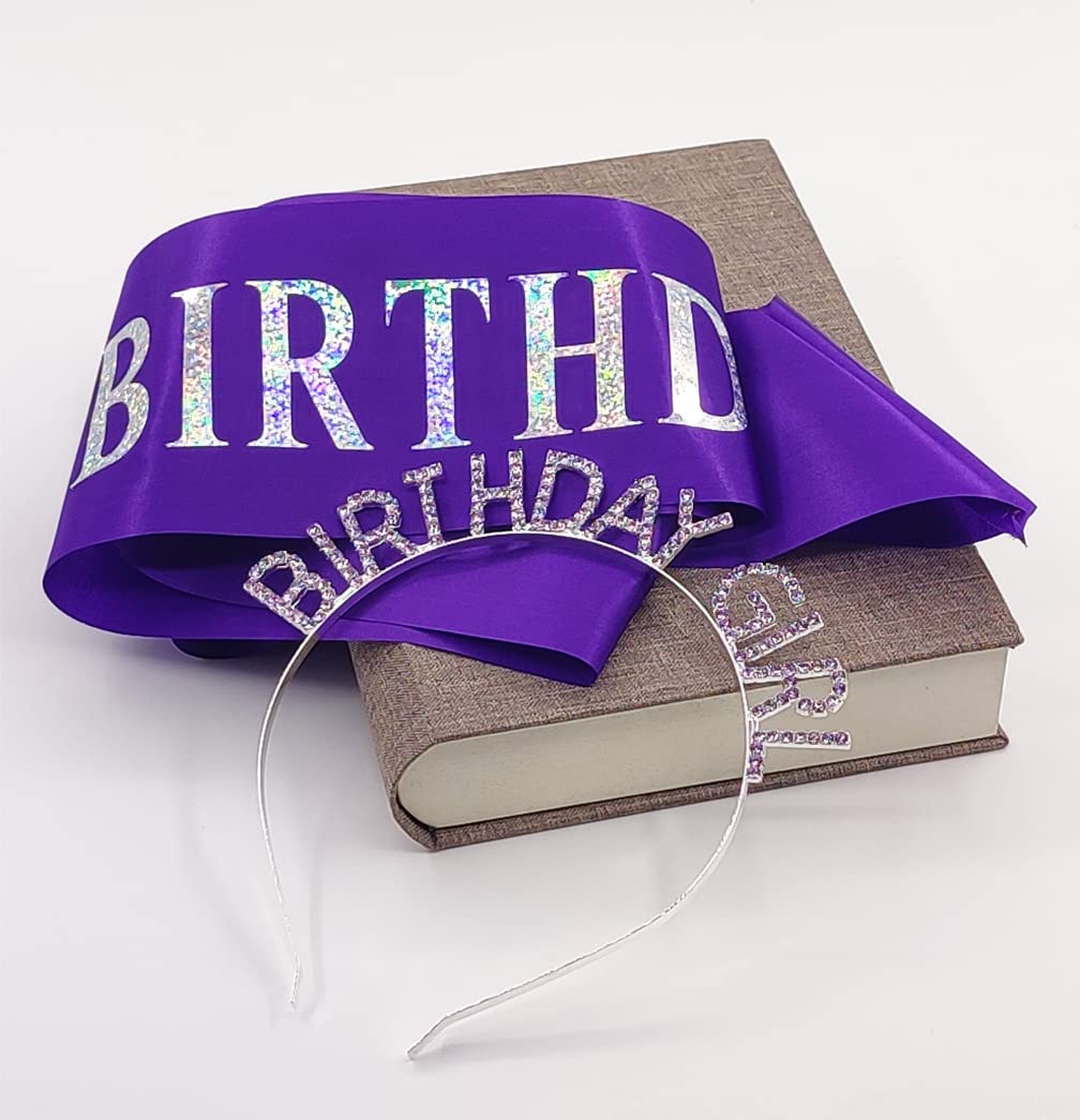 MGJSRNH Birthday Girl Sash Crown Set - Purple Aluminum Headband for Women, Perfect for 16-50 Birthday Parties
