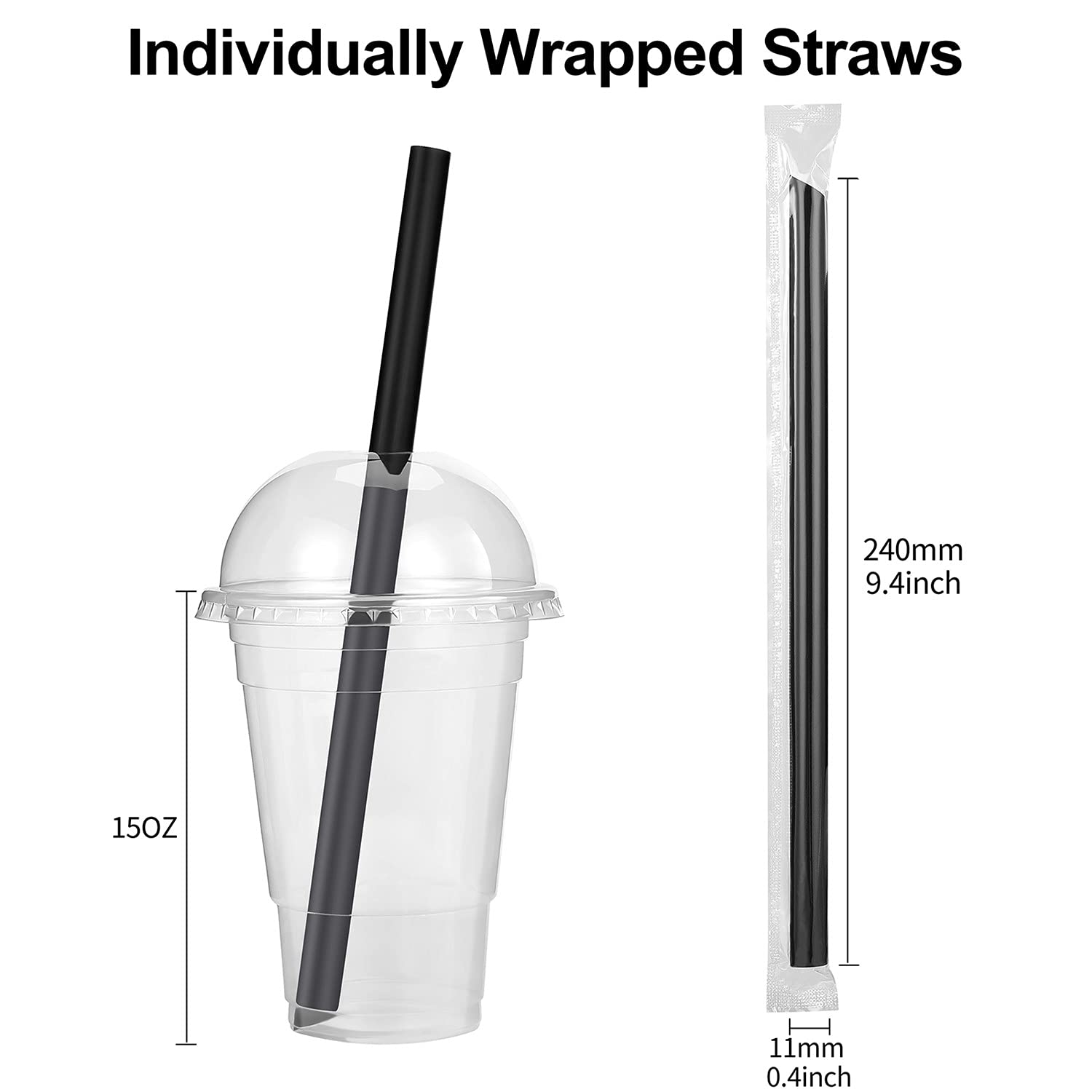 RENYIH 100 Pcs Black Boba Straws Jumbo Smoothie Straws Individually Wrapped Disposable Plastic Large Wide-mouthed Milkshake Drinking Straws(0.43'' Wide X 9.45'' Long)
