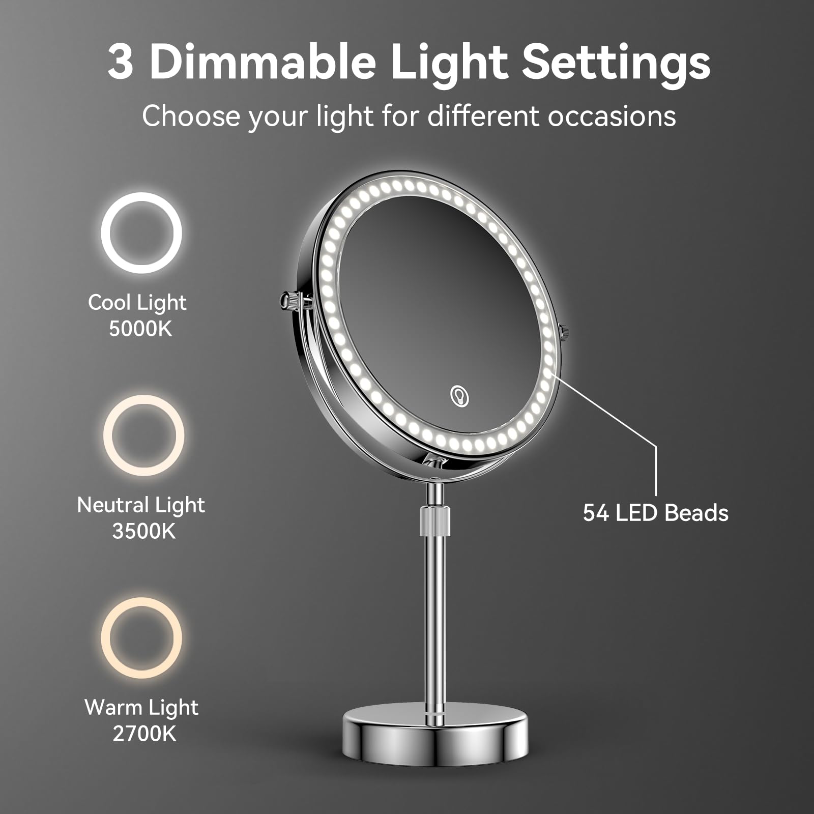 Nicesail Led Lighted Tabletop Makeup Mirror Of 8 Inch, Rechargeable Mirror With Light Of 3 Colors, Brightness Adjustable, Height