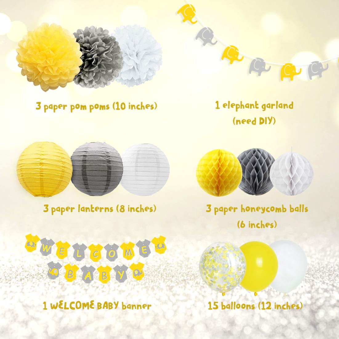 Joymemo Yellow Grey Elephant Baby Shower Decorations Neutral For Boy Or Girl, Welcome Baby Banner Elephant Garland Confetti Ball