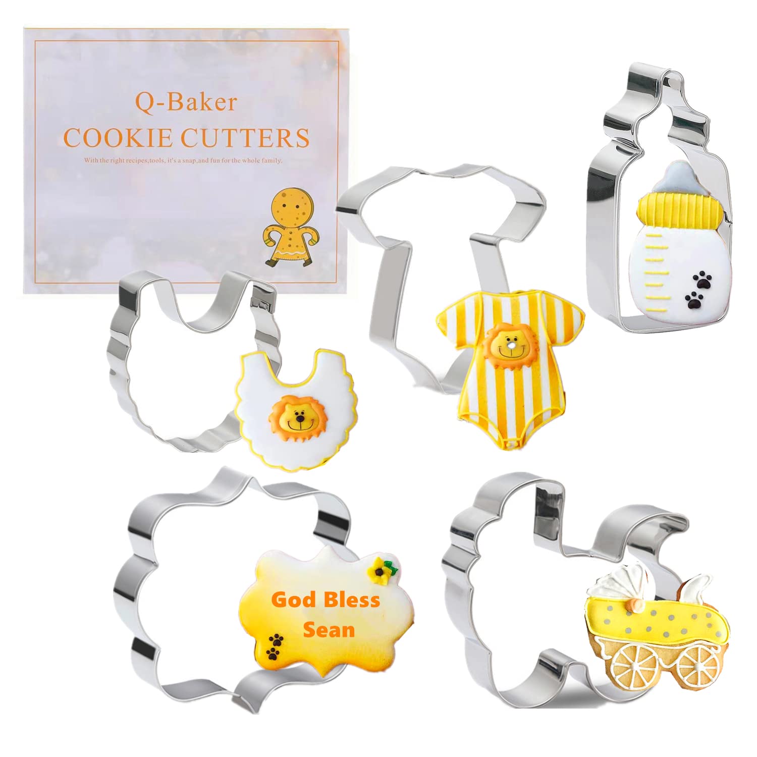 5 Pieces Baby Shower Cookie Cutters,Cute Shapes Of Onesie, Bib, Plaque/Frame,Baby Bottle, Baby Carriage For Baby Showers, Reveal