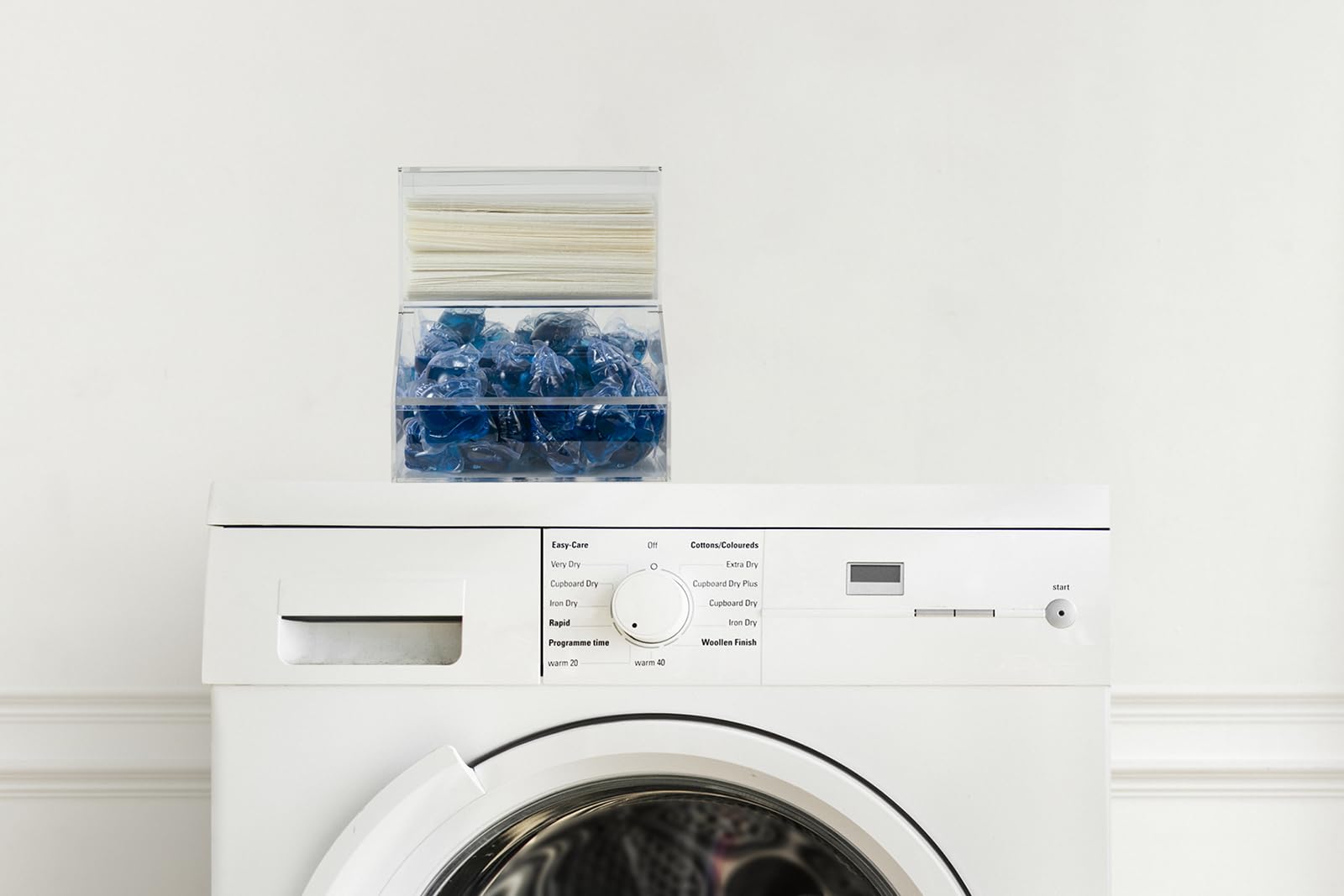 Inevibe Laundry Pod Holder & Dryer Sheet Dispenser - 2 Compartment Acrylic Container W/Lids For Storing Clothes Pins, Cotton Bal