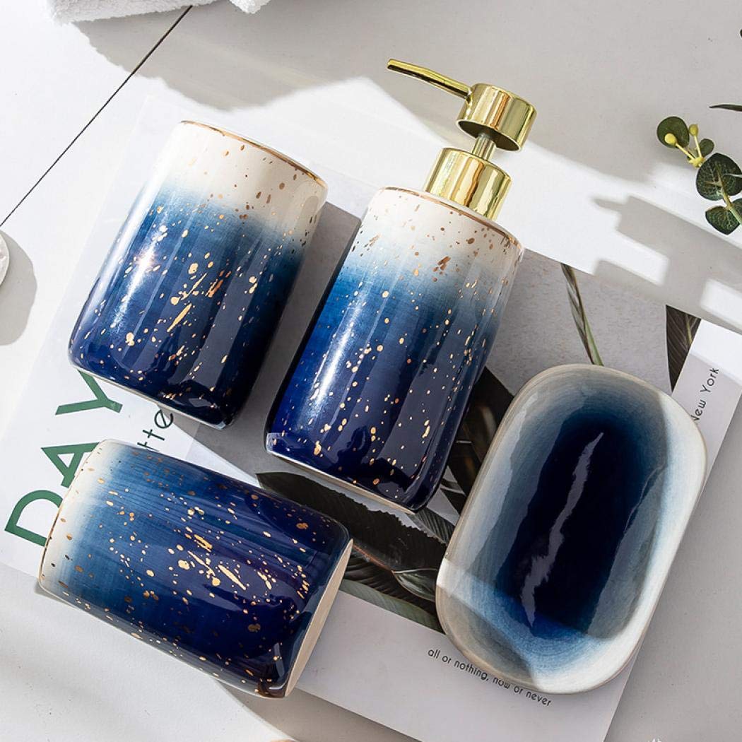 Ceramic Bathroom Accessories Set Of 4 Gradient Blue Washing Set 2 Gargle Cups,1 Soap Dishes,1 Lotion Dispenser Ideas Home Gift F