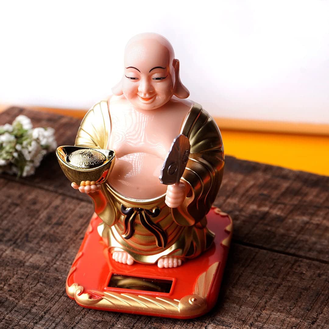 Shubhanjali Feng Shui Waving Fan and Ignot with Solar Laughing Buddha Statue for Home Decor Items Car Dashboard Accessories Gift
