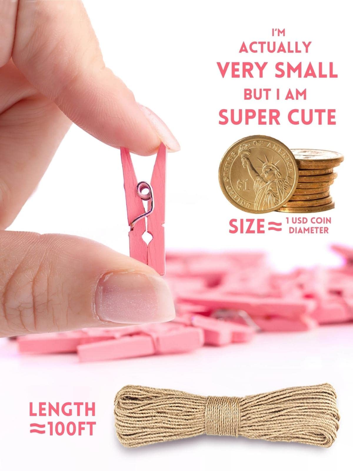 Mini Clothes Pins For Photo, Sturdy Natural Wooden Clothespins 150 Pcs 1 Inch With 33 Ft Jute Twine, Small Clips For Crafts Disp