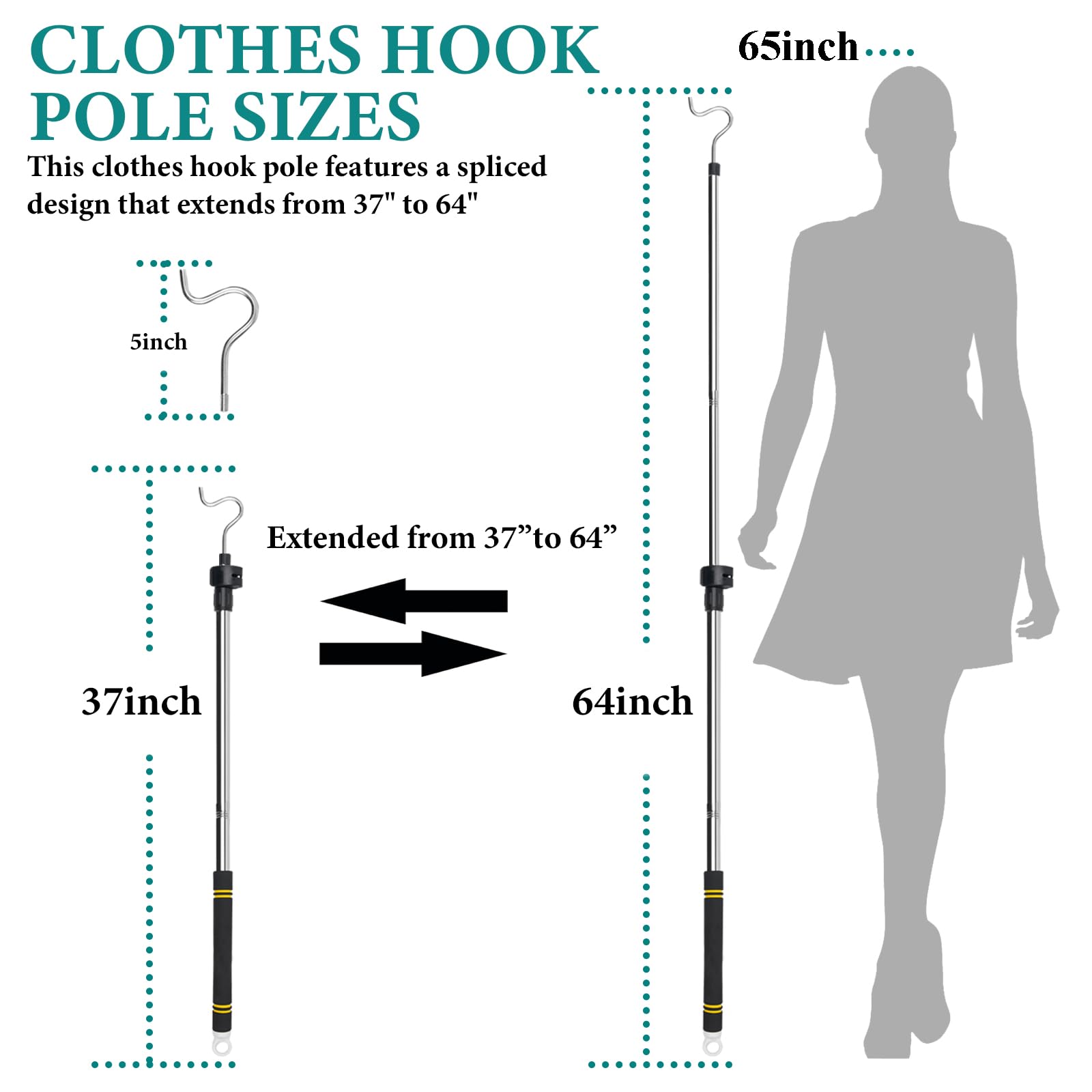Greeily Clothes Hanger Reaching Hook Telescopic Adjustment Clothes Hook Pole Light And Can Extend From 37'' To 65'' With 4.7 ''H