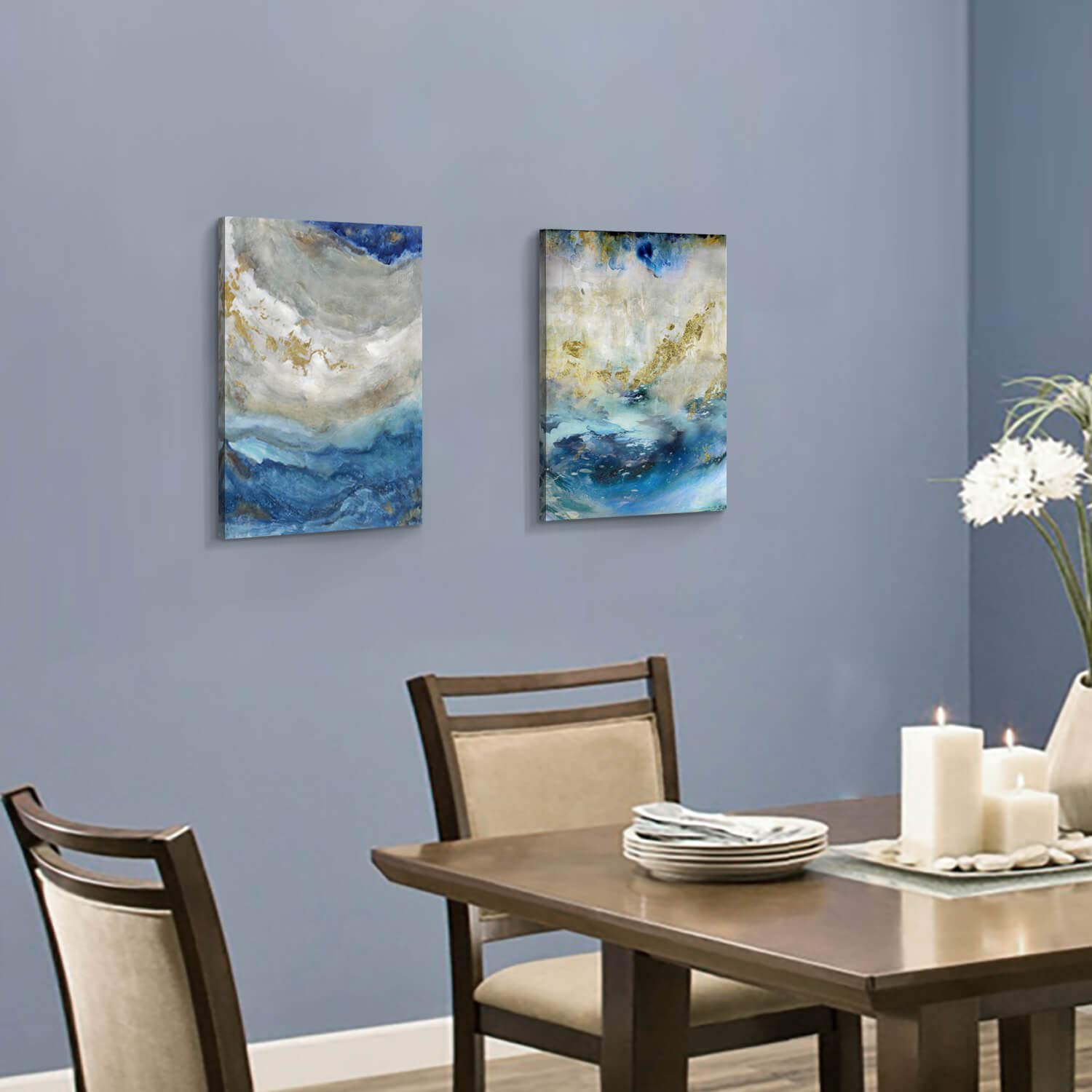 Blue Abstract Canvas Wall Art: Beige Print Picture Artwork For Bathroom Without Hand Painted Gold Foils For Small Size(16'' X 12