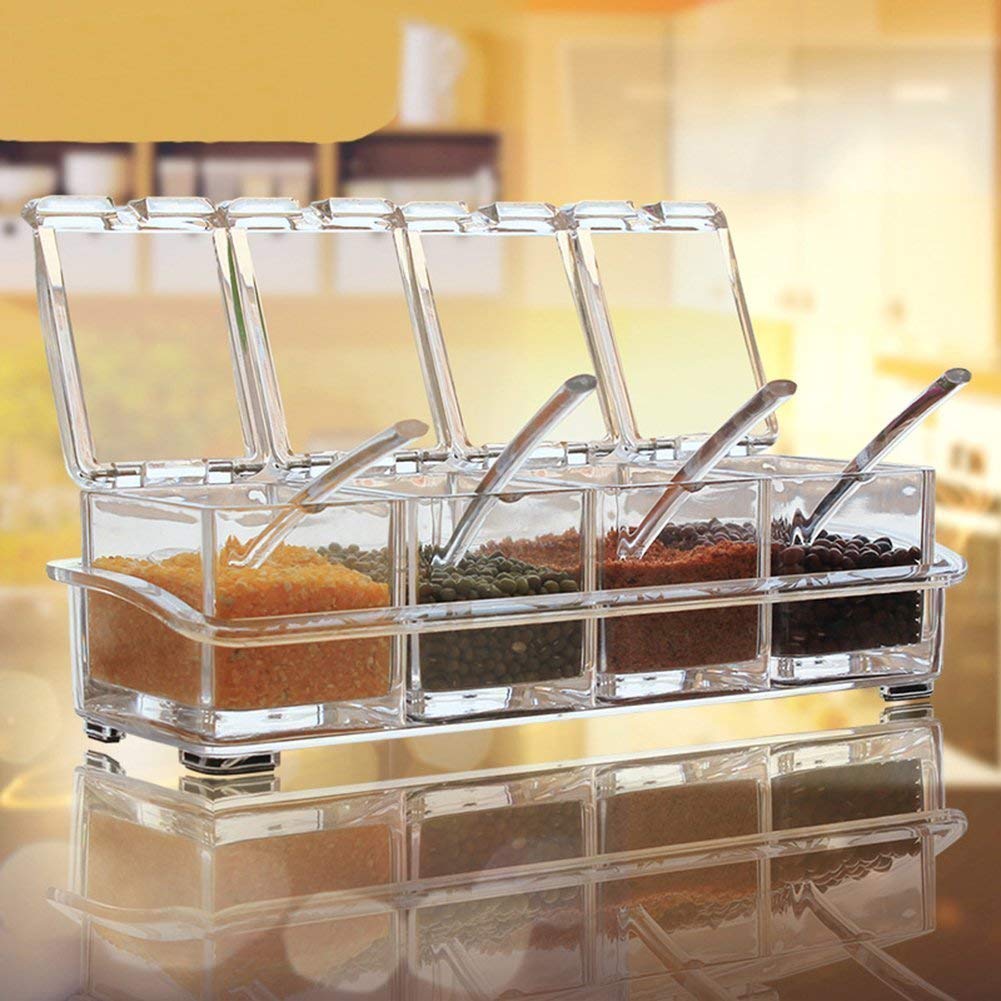 Luxafare Acrylic Kitchen Seasoning Rack Spice Pots 4 Piece With Spoons Durable And Food Grade