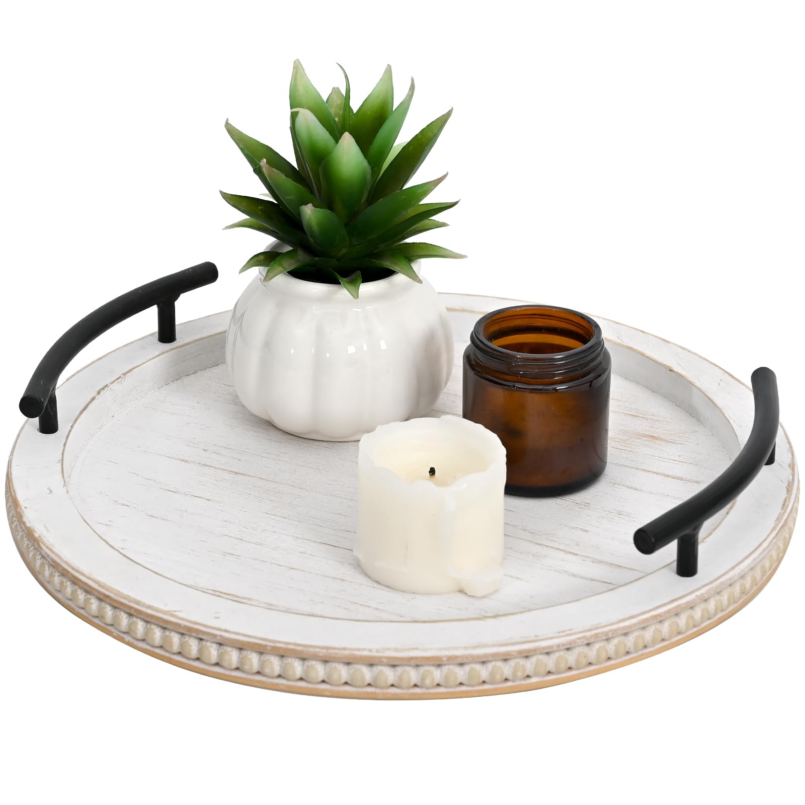 Swallowliving White Wooden Beaded Serving Tray With Handle Decorative Rustic Whitewashed Tray For Coffee Table Farmhouse Round T