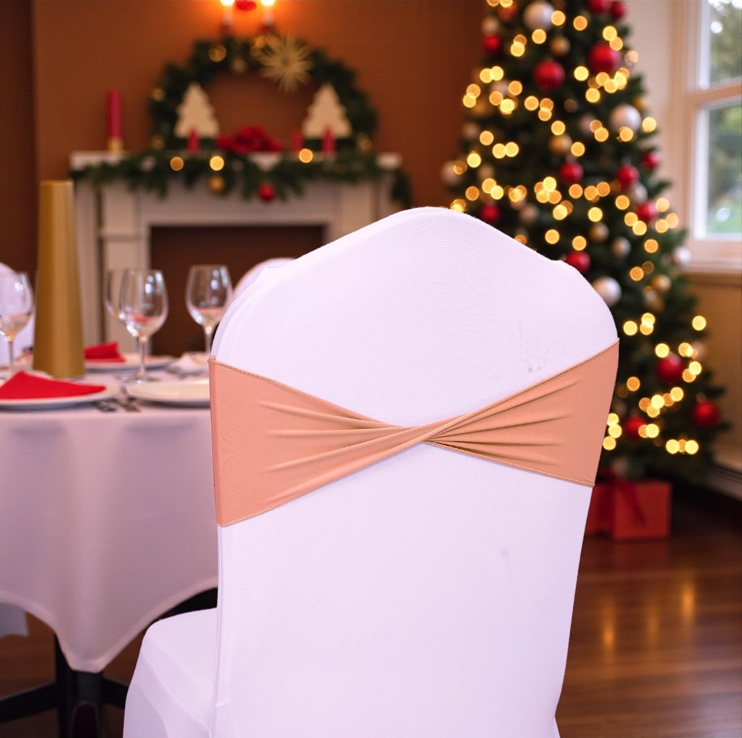 MDS 25 Pack Spandex Chair Sashes Elastic Chair Bands Plain No Buckle - Universal Fit Stretch Bands for Christmas Party, Wedding,