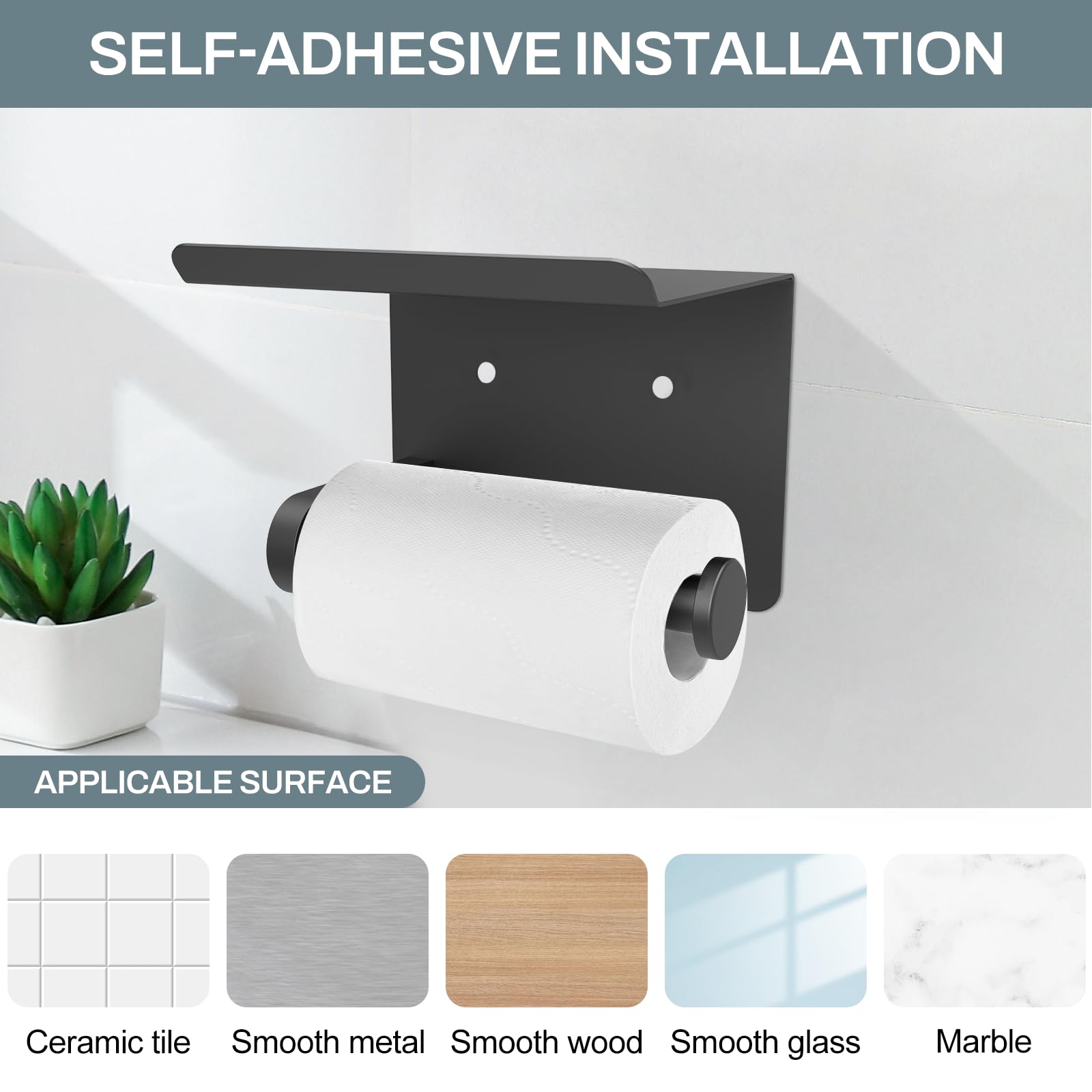 Setsail Toilet Paper Holder With Shelf Adhesive Or Screw-In Bathroom Toilet Paper Roll Holders Wall Mount Matte Black Tissue Hol