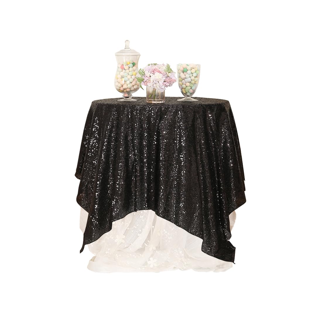 Partydelight Sequin Tablecloth Round 50'' Black Tablecloth Shimmer Table Cloths Sparkle Glitter Christmas Decorations