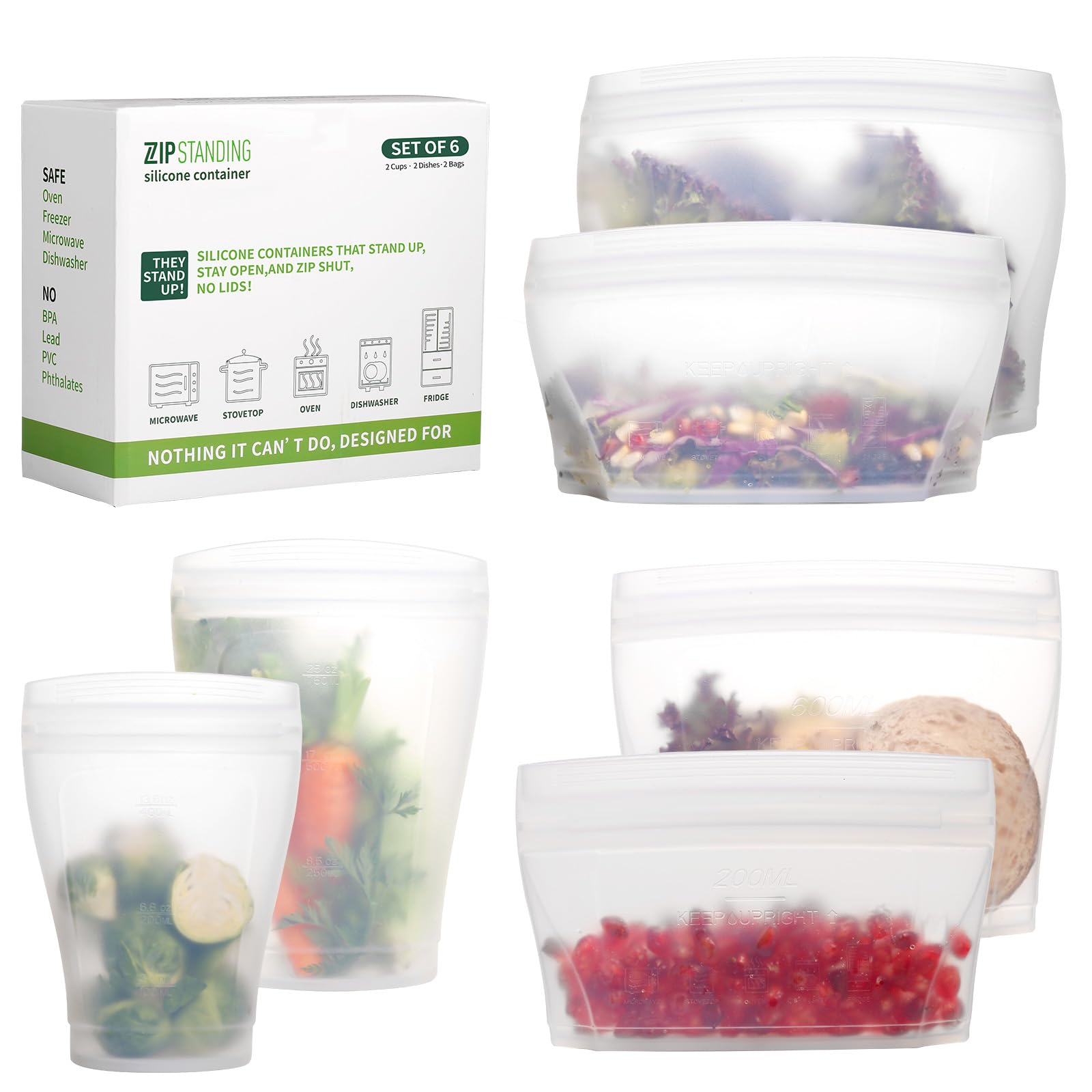 ZiP Standing Reusable food container, silicone bag, 6 Pcs Zip Containers Can be used for fruit and vegetable snacks, etc. Microw