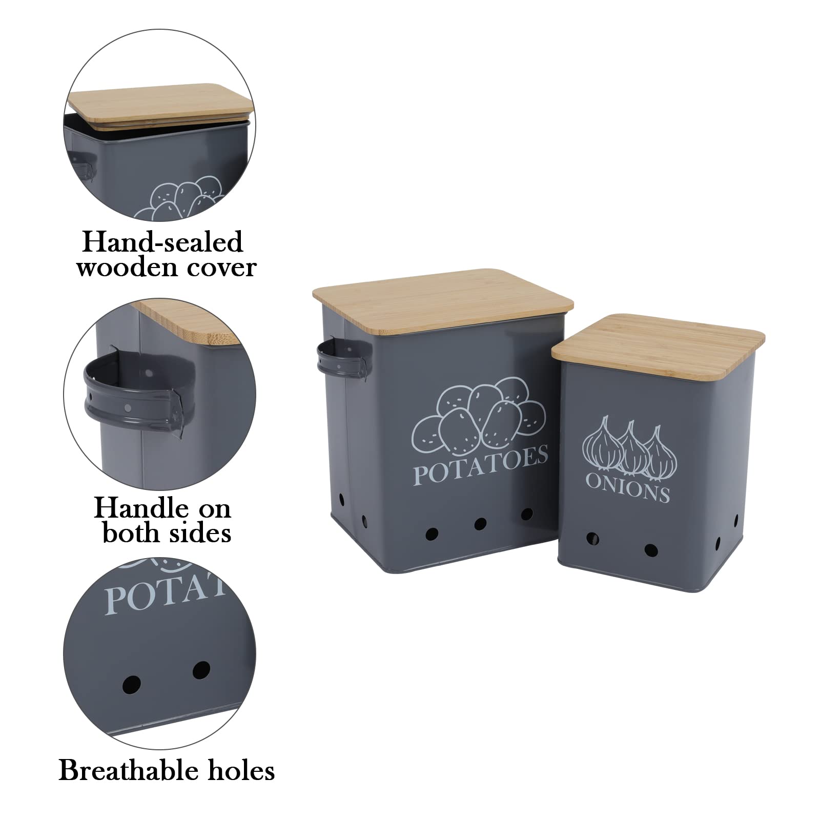 Kitchen Vegetable Storage Tins Set Of 2 For Potatoes, Onion, With Wooden Lid Garlic Bin Caddy, Long Shelf Life-Grey