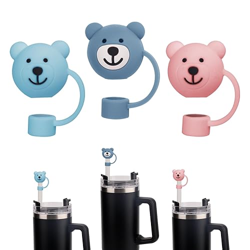 3pcs?Bear Straw Covers Cap for Stanley Cup 40 oz ?Cartoon Soft Straw Protector Cover?Cute Straw Covers Cap Silicone?Straw Tips?for Stanley 20/30/40oz (Blue  Light Blue  Pink)