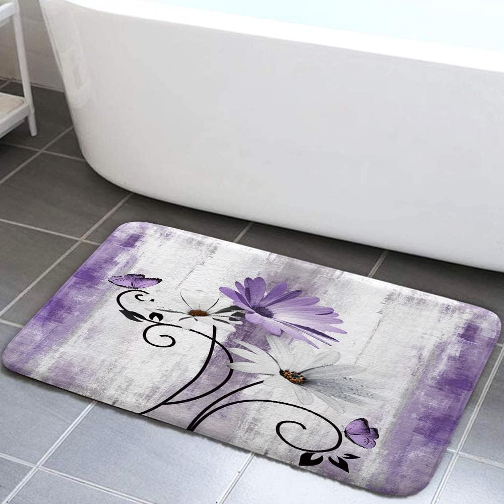 Veivian Rustic Farmhouse Bath Mat, Farm Purple Daisy Floral Flowers Butterfly Country Wooden Bath Rug For Bathroom, Grey White B