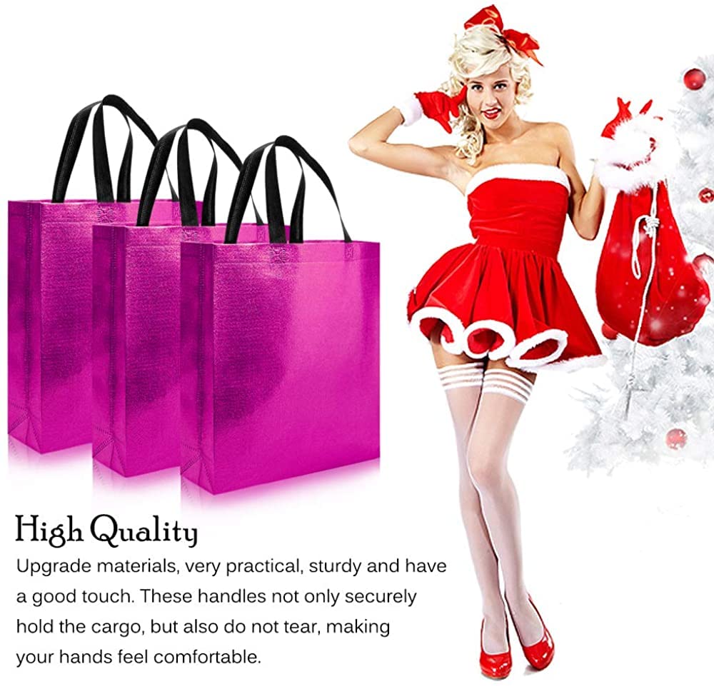 Drapme Medium Size Pack Of 10 Pcs Glossy Metallic Laminated Non-Woven Reusable Eco-Friendly Party Return Gift Bags (Hot Pink) (M