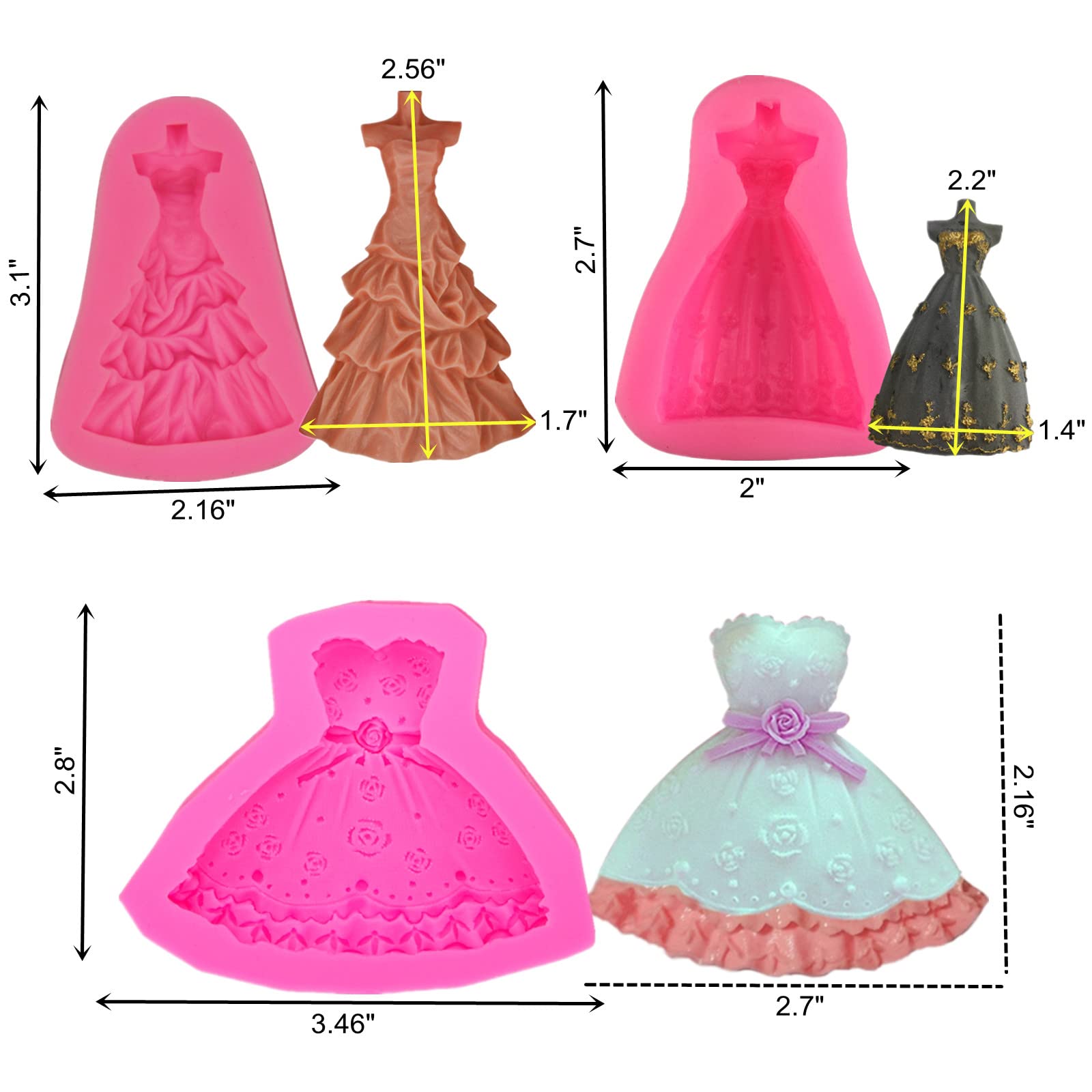 3Pcs Wedding Dress Skirt Silicone Molds For Wedding Sugarcraft Cake Decoration, Fondant, Chocolate, Candy, Biscuit, Cookies,Poly