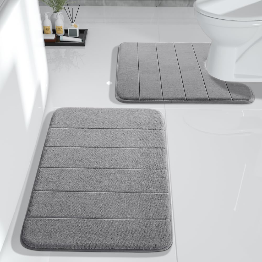 Yimobra Memory Foam Bath Mat Set, 2 Piece Soft Rugs,17X24 And 24X20.4 U-Shaped, Toilet Rug, Water Absorption, Non Slip, Thick, D