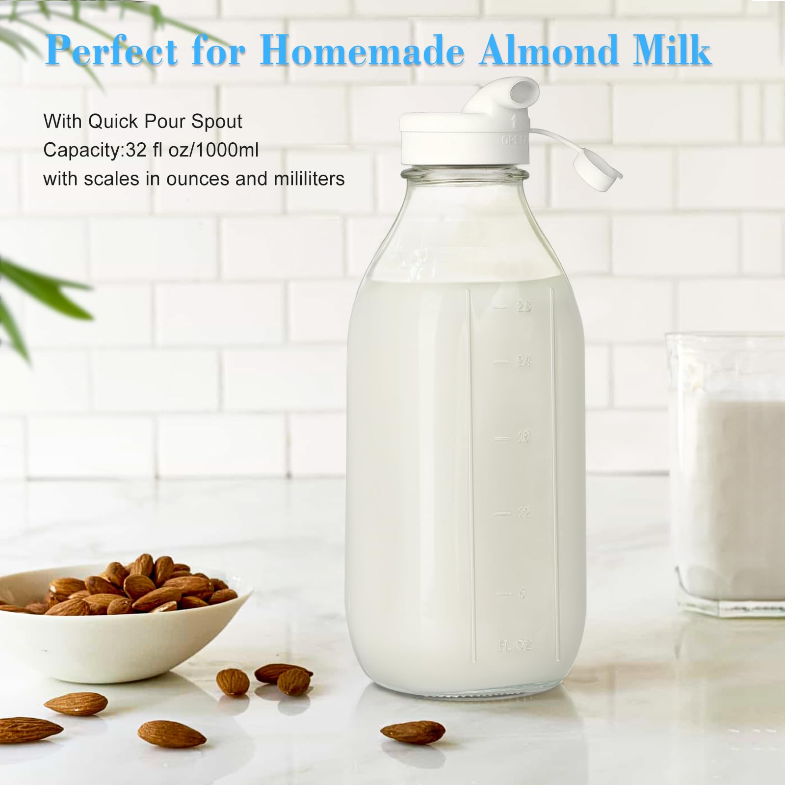 Liter Glass Milk Bottles W Scale, 100% Airtight Heavy Duty Screw Lid - 4 Pack 32 Oz Drinking Jars W Lids - Glass Bottles For Mil