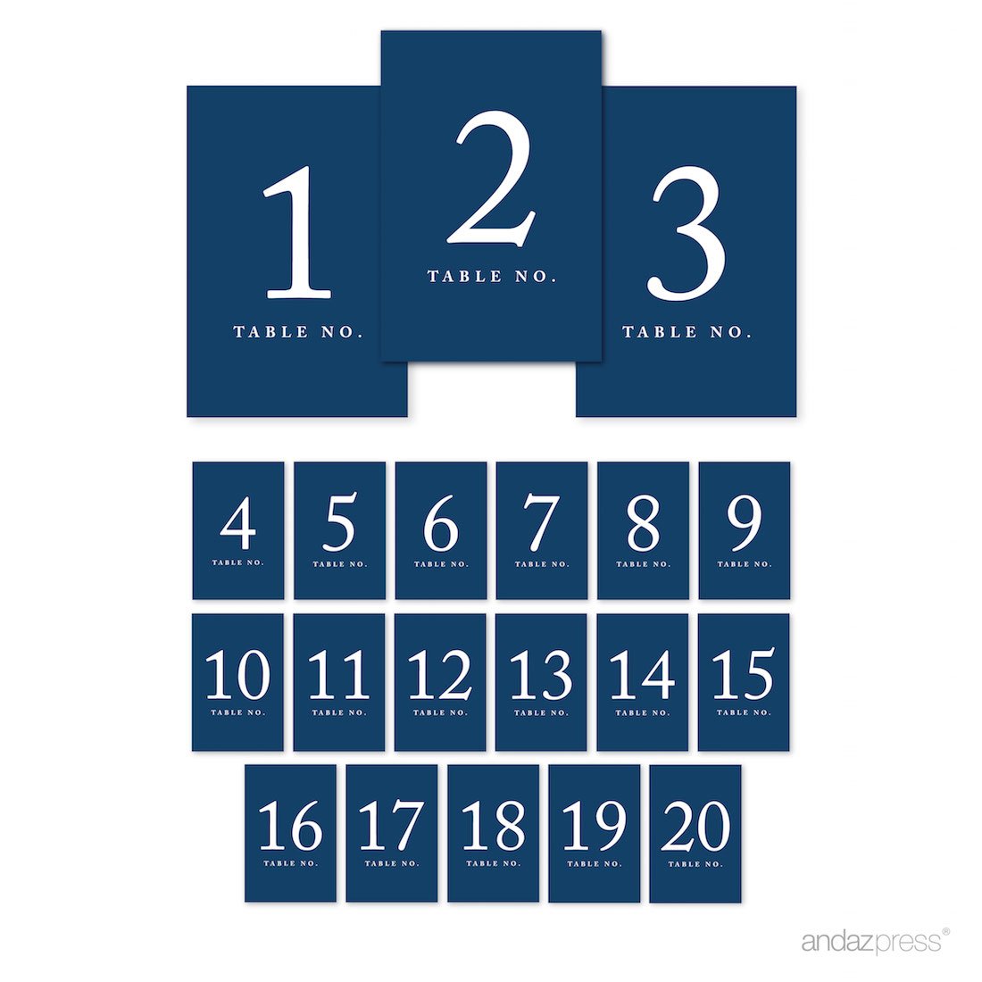 Andaz Press Table Numbers 1-20 On Perforated Paper, Navy Blue, 4X6-Inch Single Sided Sign, 1-Set, Graduation Table Numbers For W