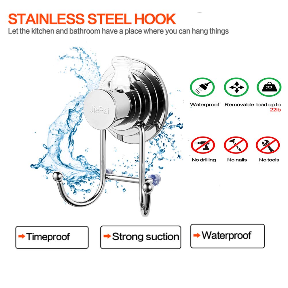 JiePai Suction Cup Towel Hooks Shower Towel Holder for Bathroom Suction Shower Towel Rack Organizer for Towel  Bathrobe Loofah Coat Bags Chrome (2 Pack)