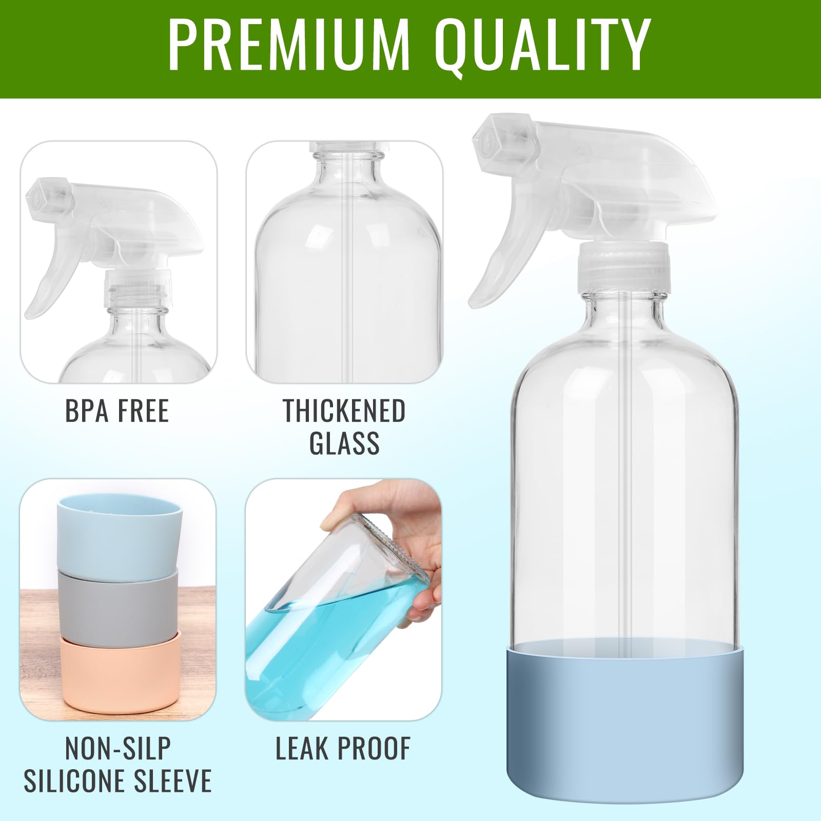 Aurotrends Glass Spray Bottles 16Oz 3Pack, Empty Glass Spray Bottles For Cleaning, Glass Spray Bottle With Silicone Sleeve For C