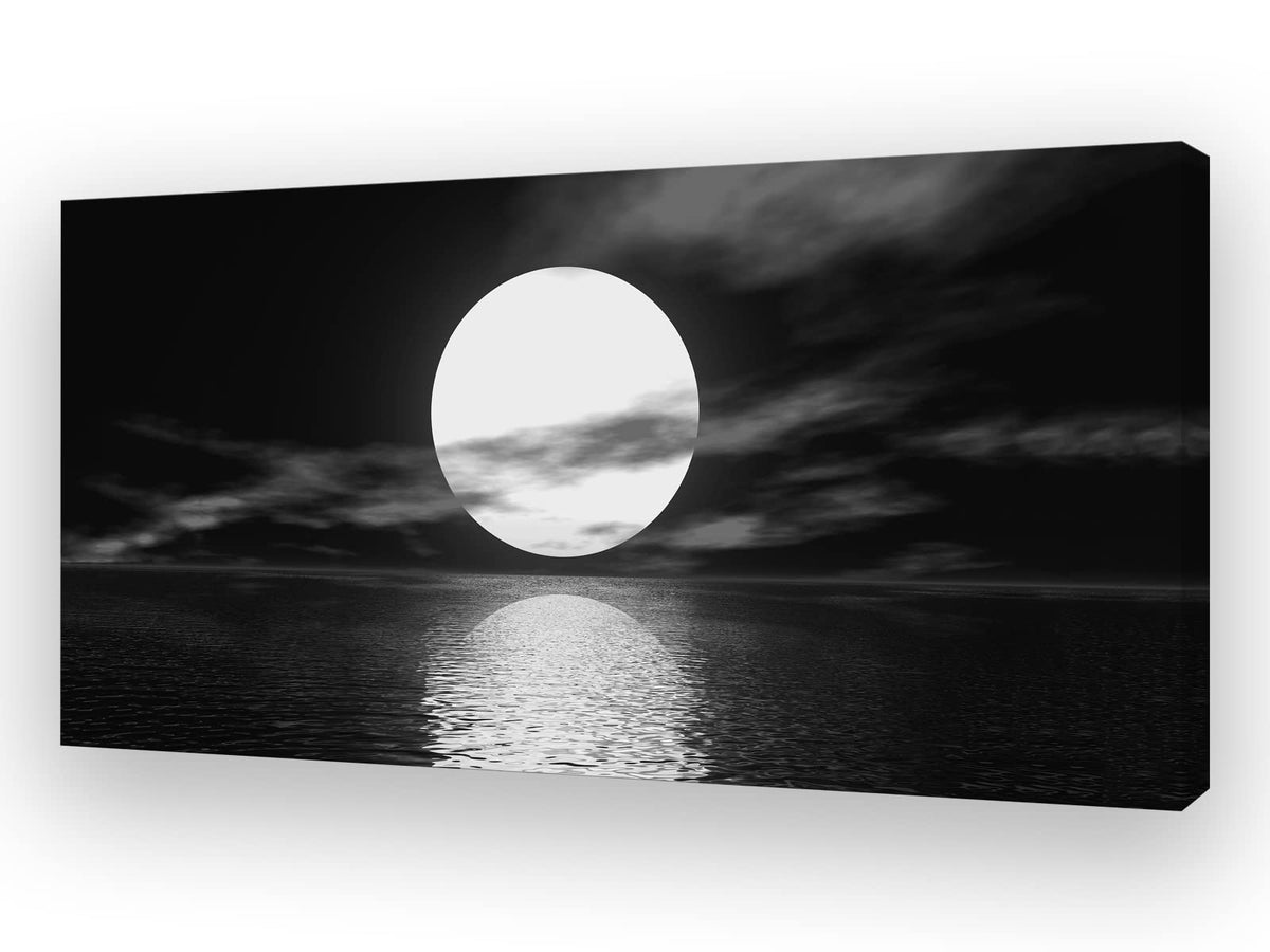 Cao Gen Decor Art S06462 Wall Art Canvas Sea White Full Moon In Night Picture Canvas Poster Print Black And White Ocean For Livi