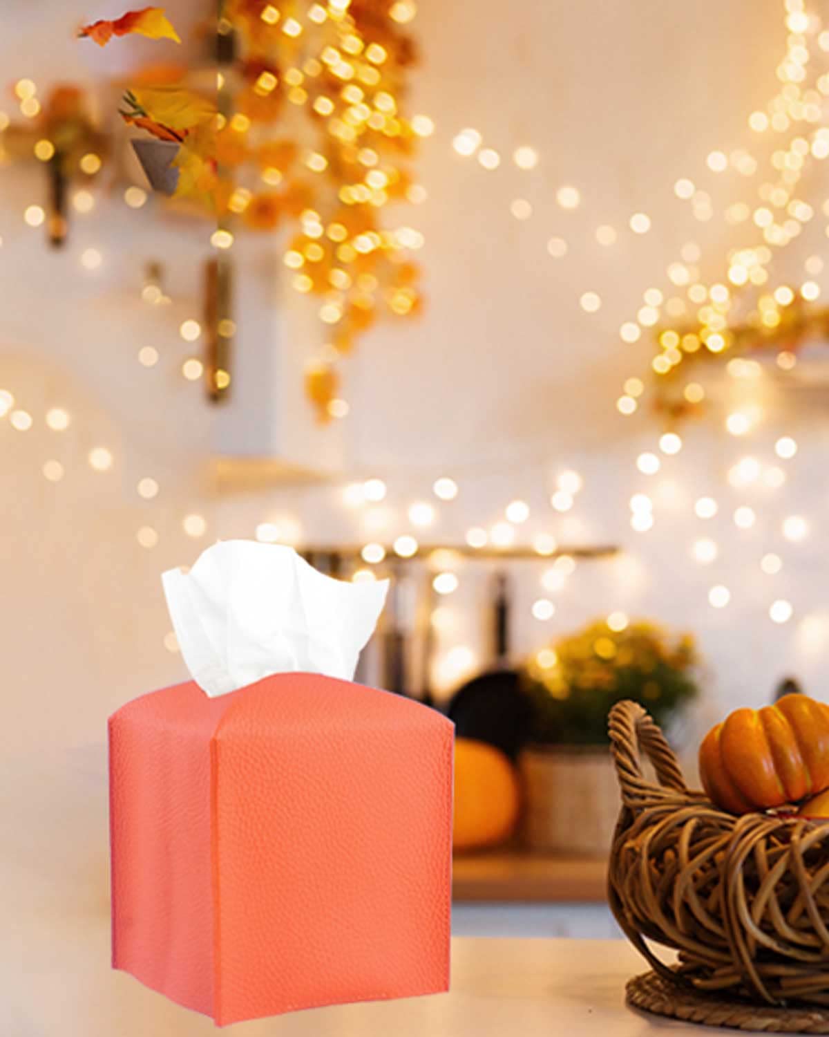 Orange Tissue Box Cover Square - Tissue Box Holder With Bottom Belt [Jesmini] Modern Pu Leather Tissue Holder For Home Fall Deco