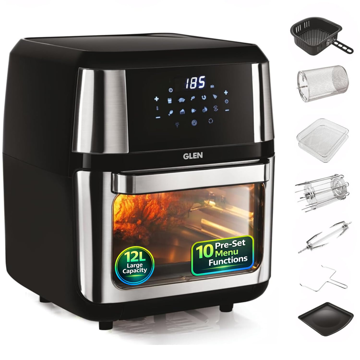Glen 12L Air Fryer Oven For Home Kitchen, 1800W | With Rotisserie | 10 Presets, Digital Display & Touch Controls | All In One Ai