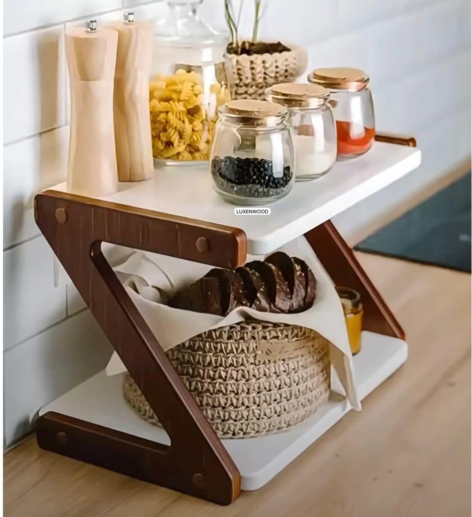 Ubaida Art Wooden Spice Rack Organizer  2 Tier Kitchen Counter Organizer Stand | White Shelves Storage Rack For Spices, Condime