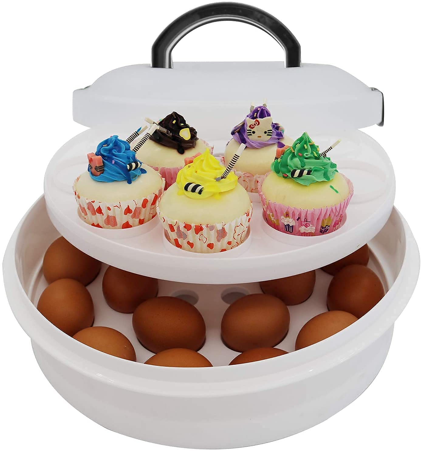 Feoowv 10 Inch Portable Pie Carrier With Lid And Tray 3-In-1 Round Cupcake Container Egg Holder Muffin Tart Cookie Keeper Food (