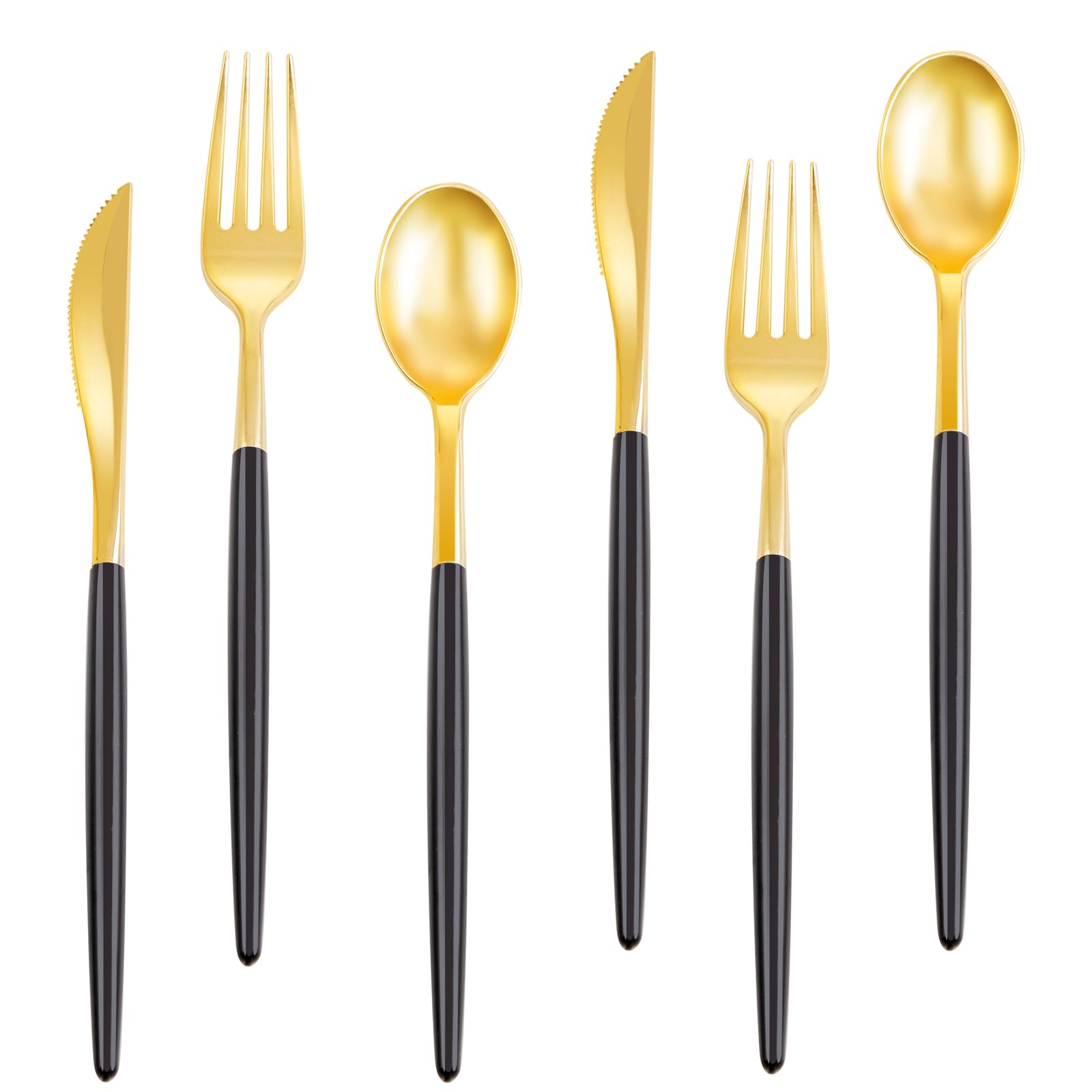 Rubtlamp 96 Pcs Gold Disposable Silverware, Gold Plastic Cutlery, Gold Utensils Plastic With Black Handle Include 32Forks, 32Spo